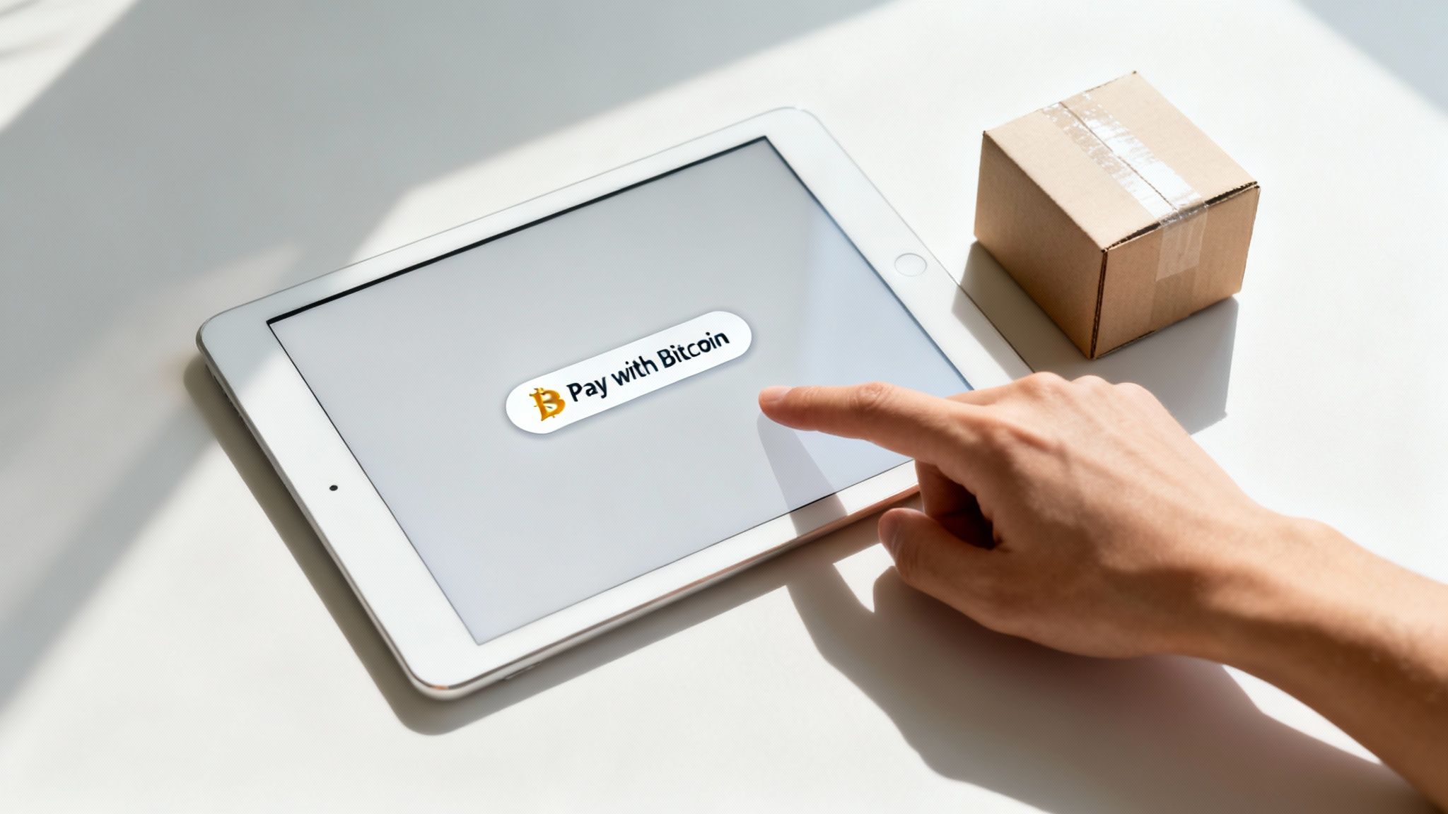 Close-up of a hand tapping a tablet displaying a 'Pay with Bitcoin' button near a shipping box.