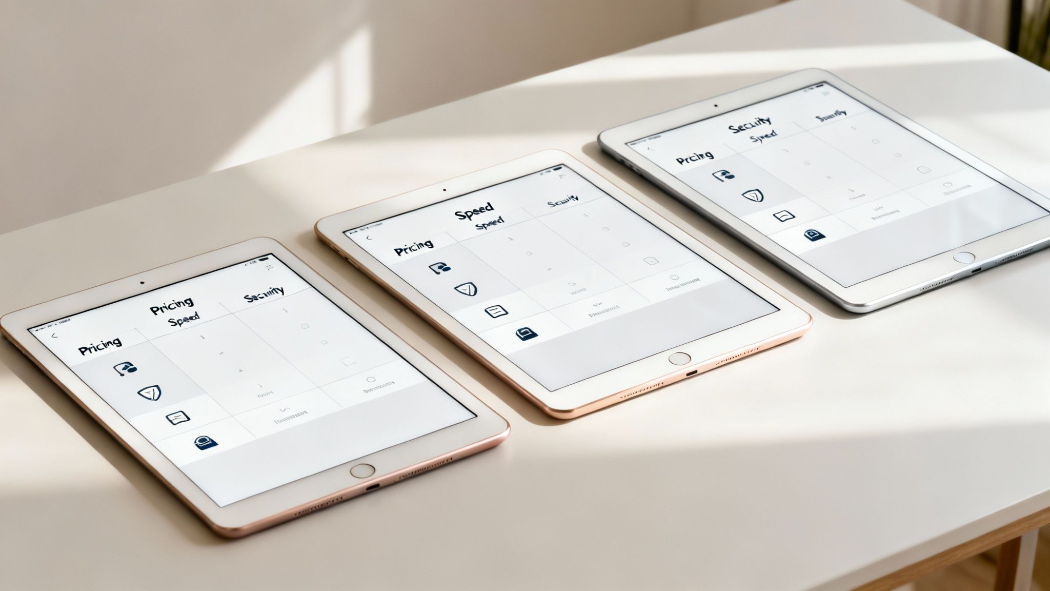 Three white tablets on a light desk, each displaying a comparison table for service features.