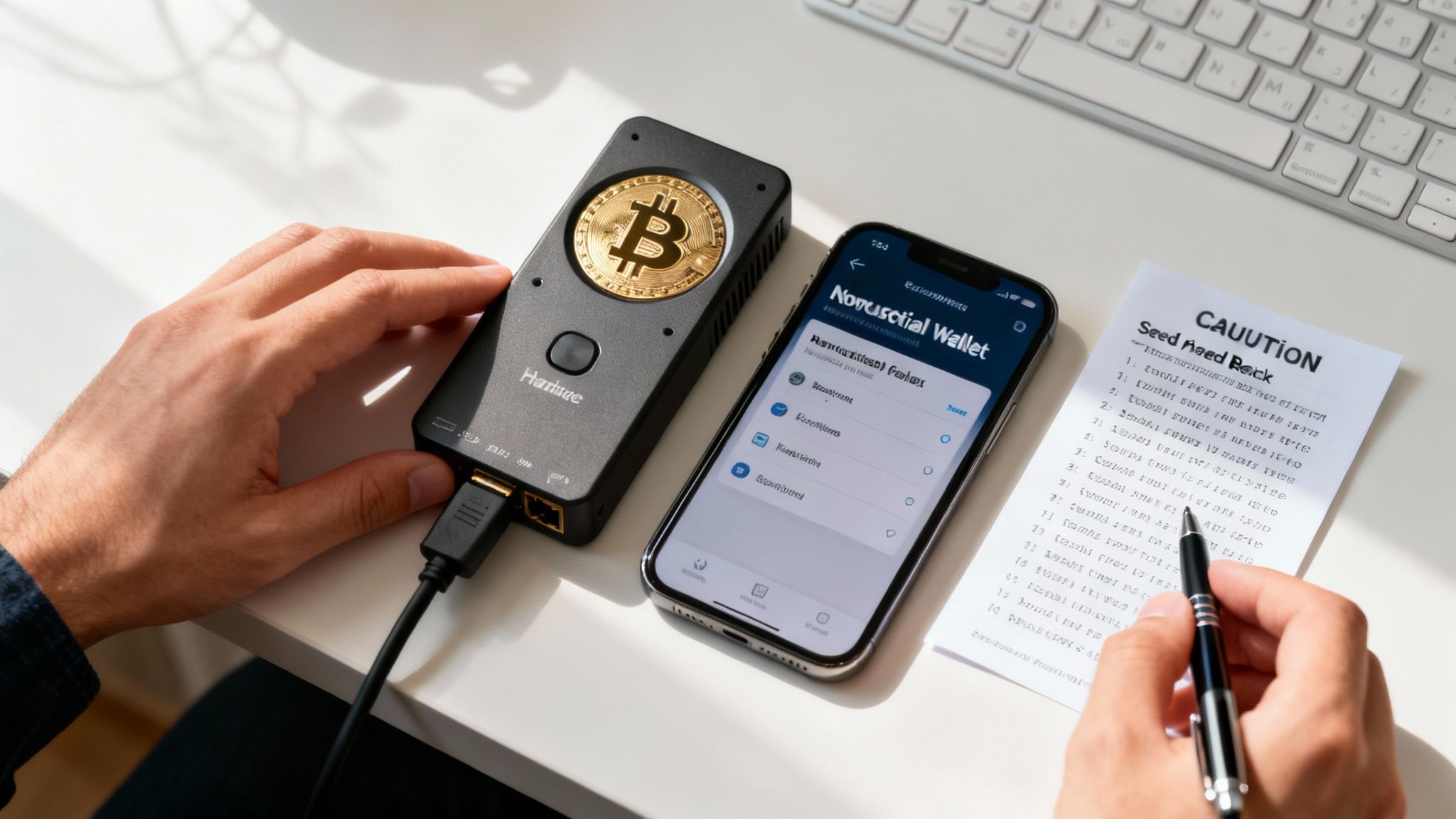 Hands interacting with a Bitcoin hardware wallet, smartphone crypto app, and seed phrase backup paper.