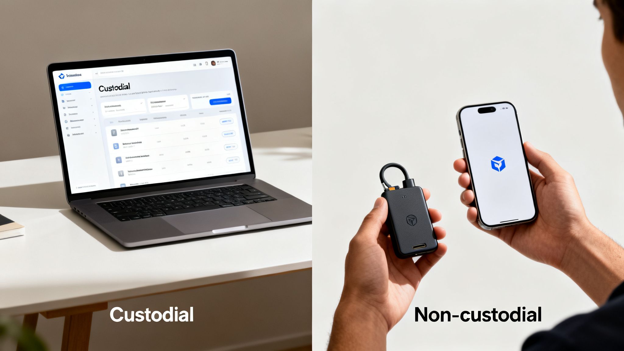 A side-by-side comparison illustrating custodial and non-custodial crypto asset management solutions.