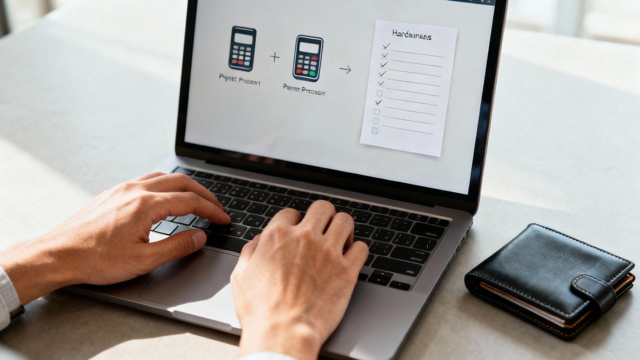 A Shopify store owner weighs her options for accepting Bitcoin payments on her laptop.