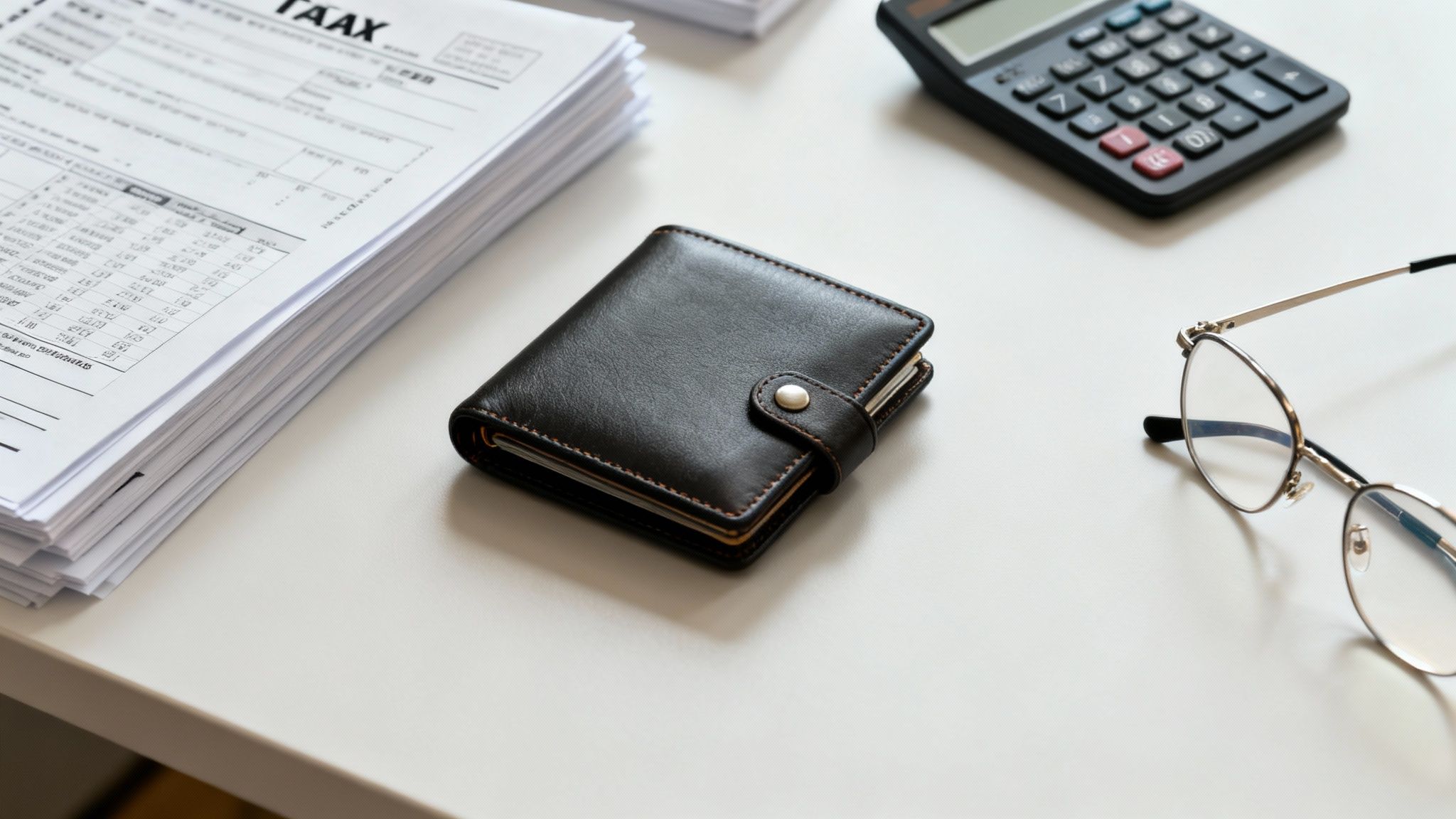 A close-up of a desk with a stack of tax forms, a wallet, a calculator, and reading glasses.