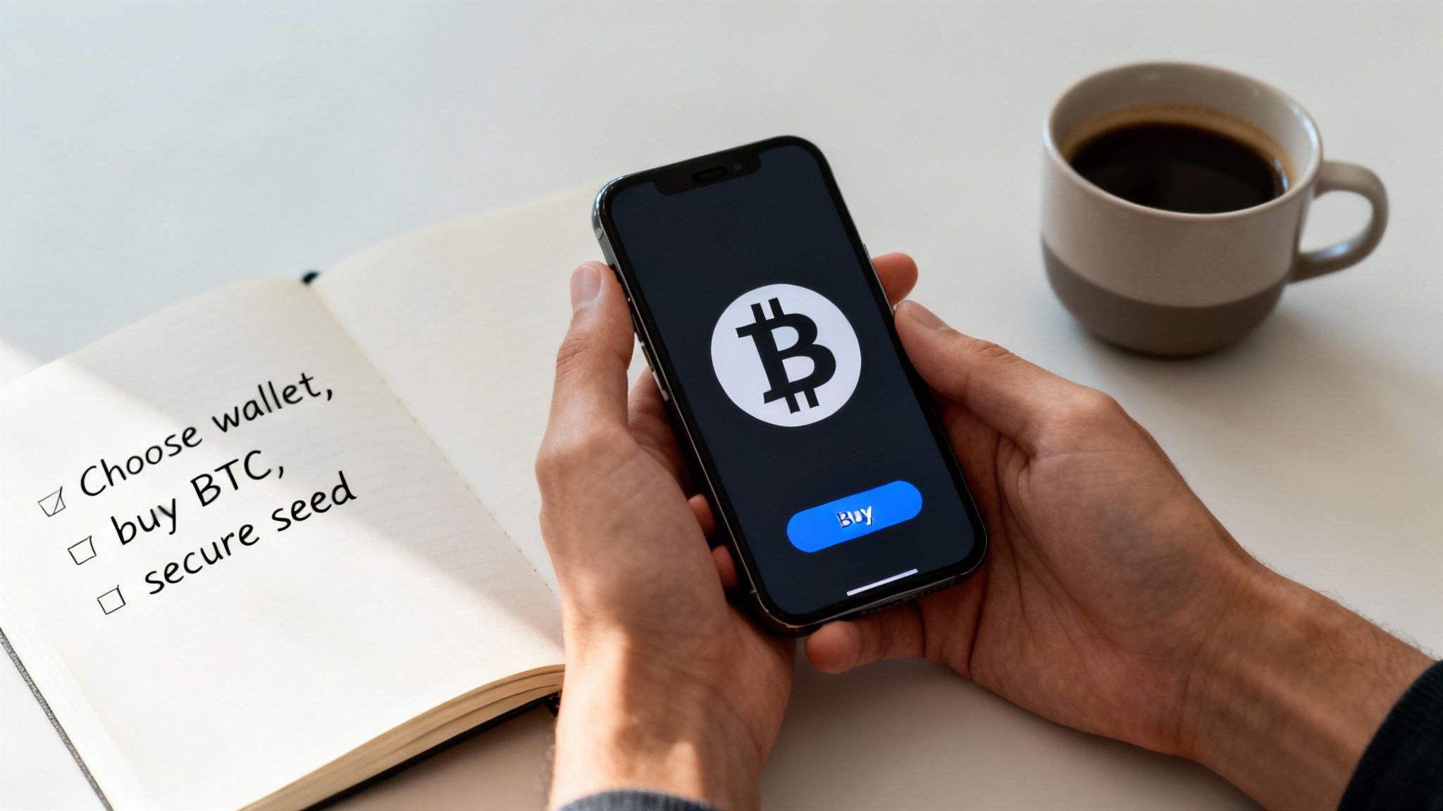 Hands holding a smartphone with Bitcoin app, next to a notebook with a 'getting started' checklist.