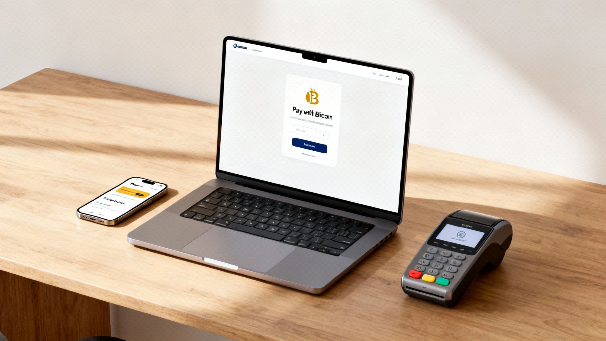 Laptop displaying 'Pay with Bitcoin', a smartphone, and a payment terminal on a wooden desk, showcasing diverse payment options.