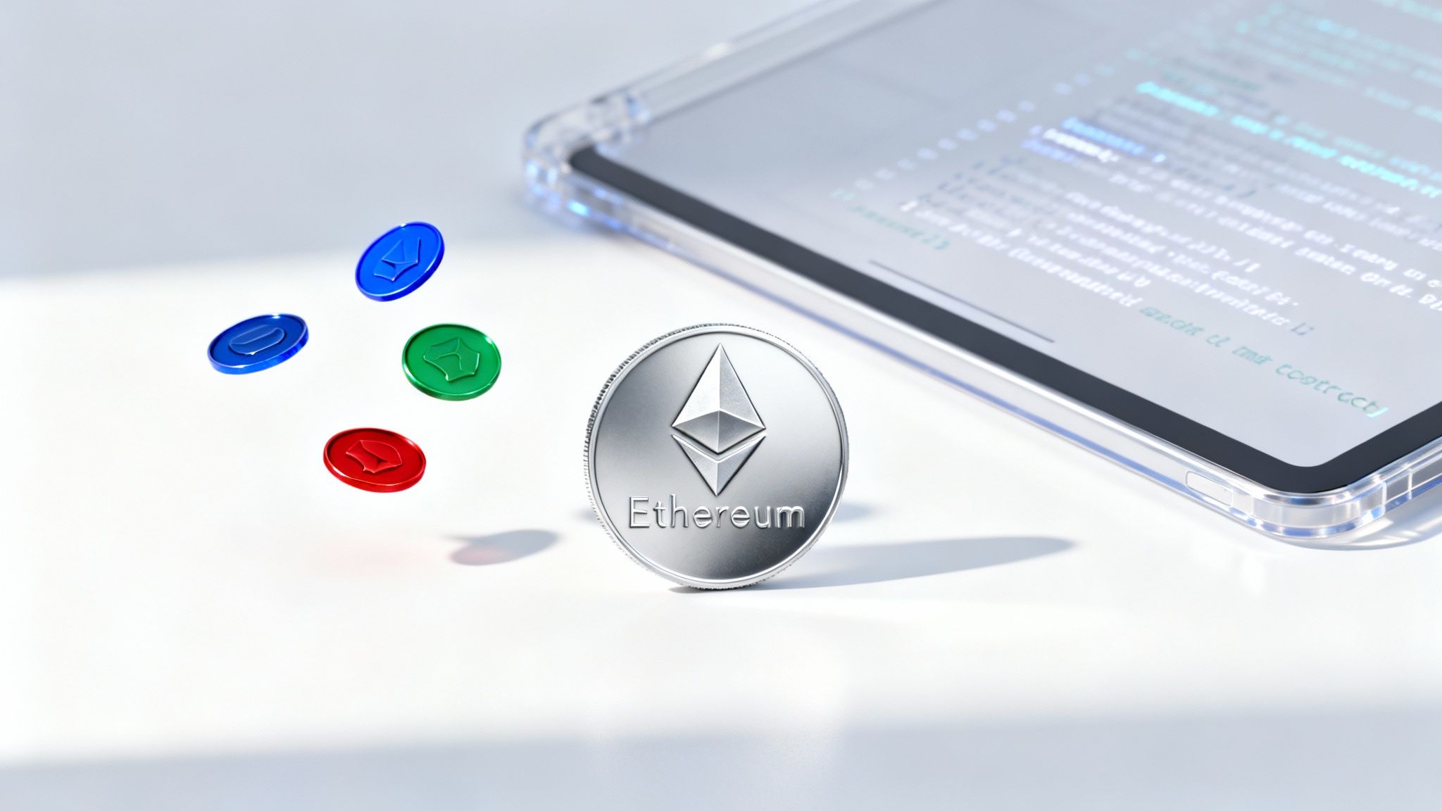 A silver Ethereum coin, four floating colorful crypto tokens, and a tablet displaying code.