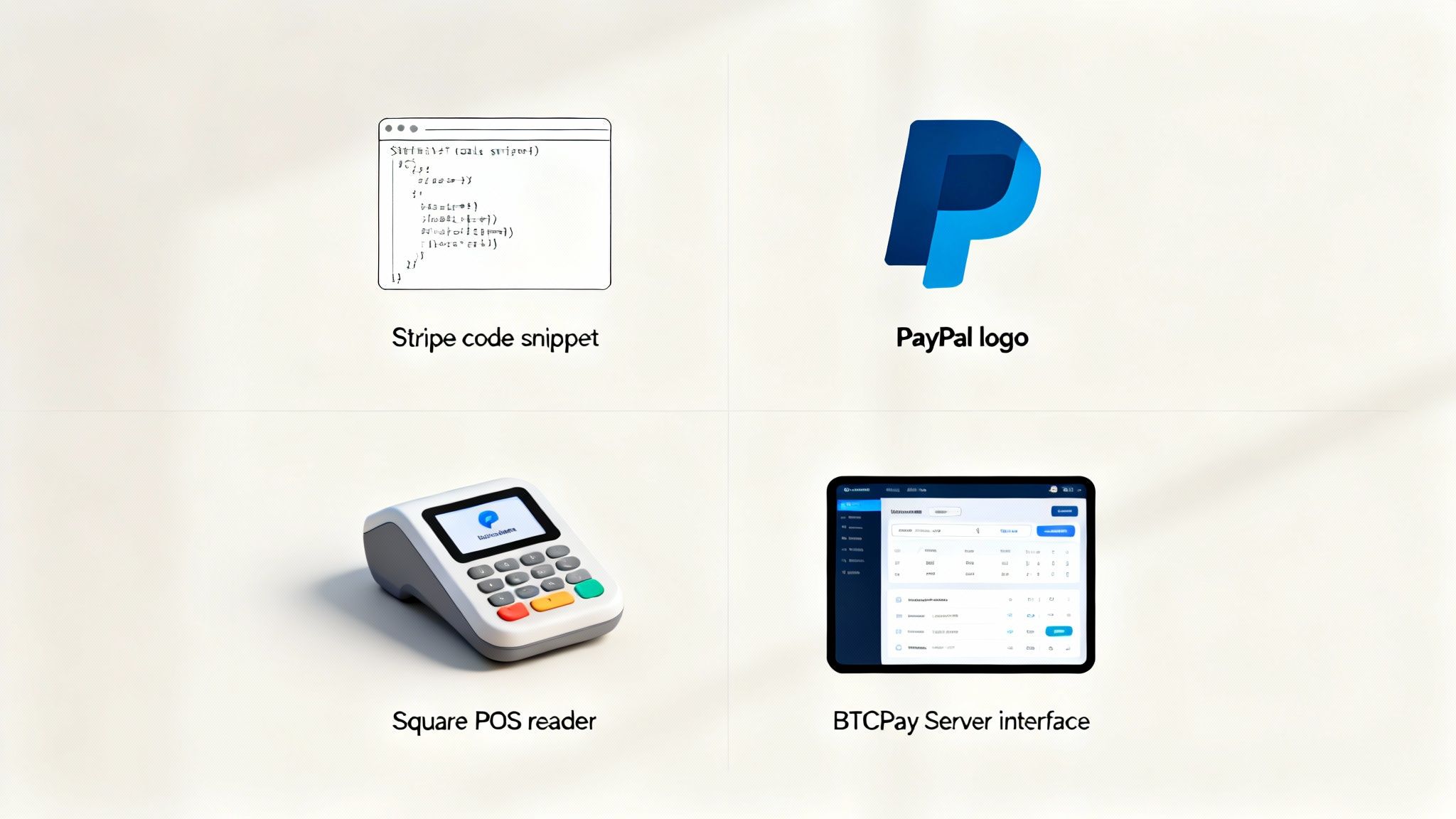 A side-by-side comparison of different payment icons like credit cards, PayPal, and Bitcoin displayed on a screen.