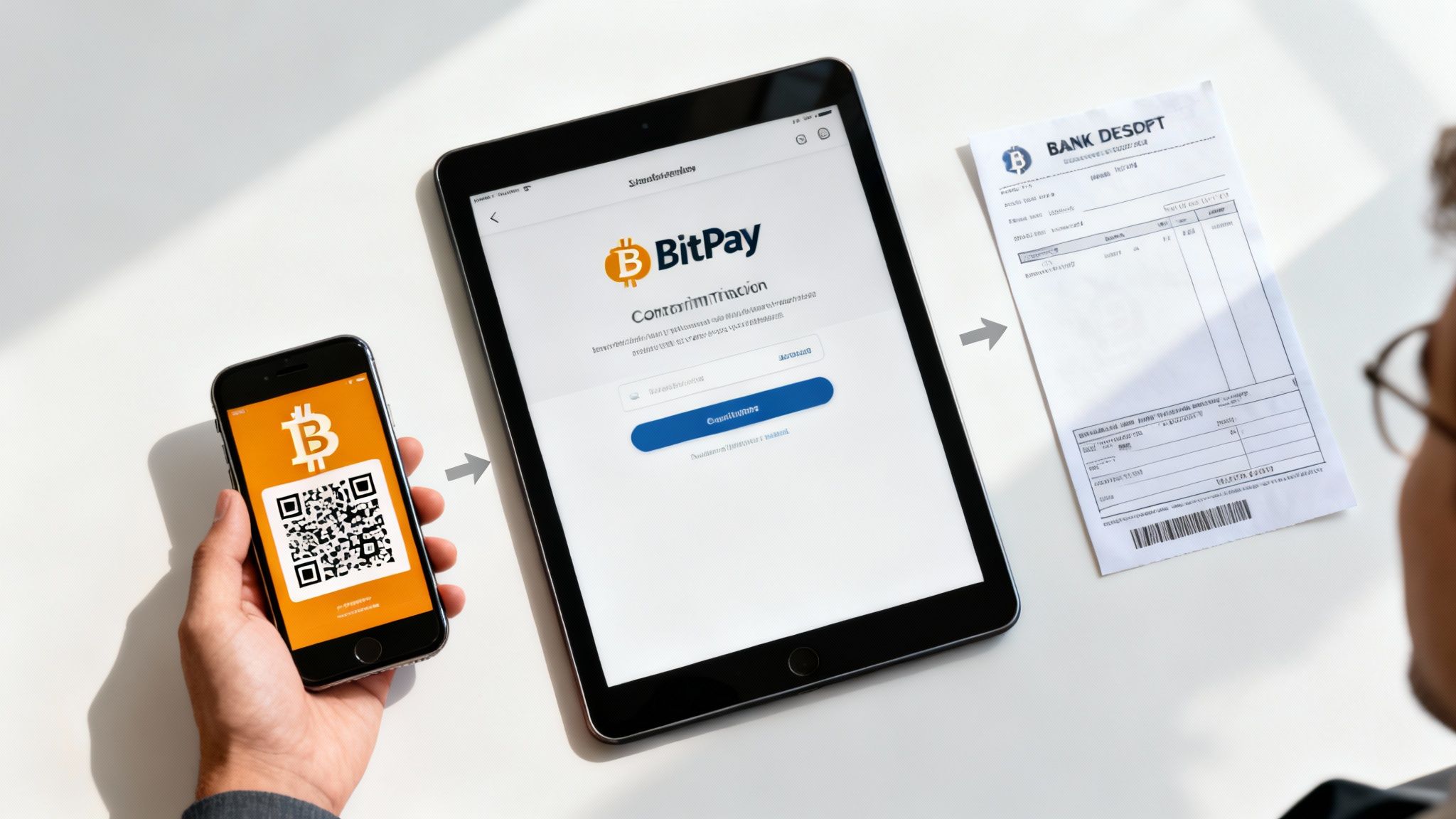 Smartphone with Bitcoin QR code, BitPay app on tablet, and bank receipt illustrate cryptocurrency payment process.