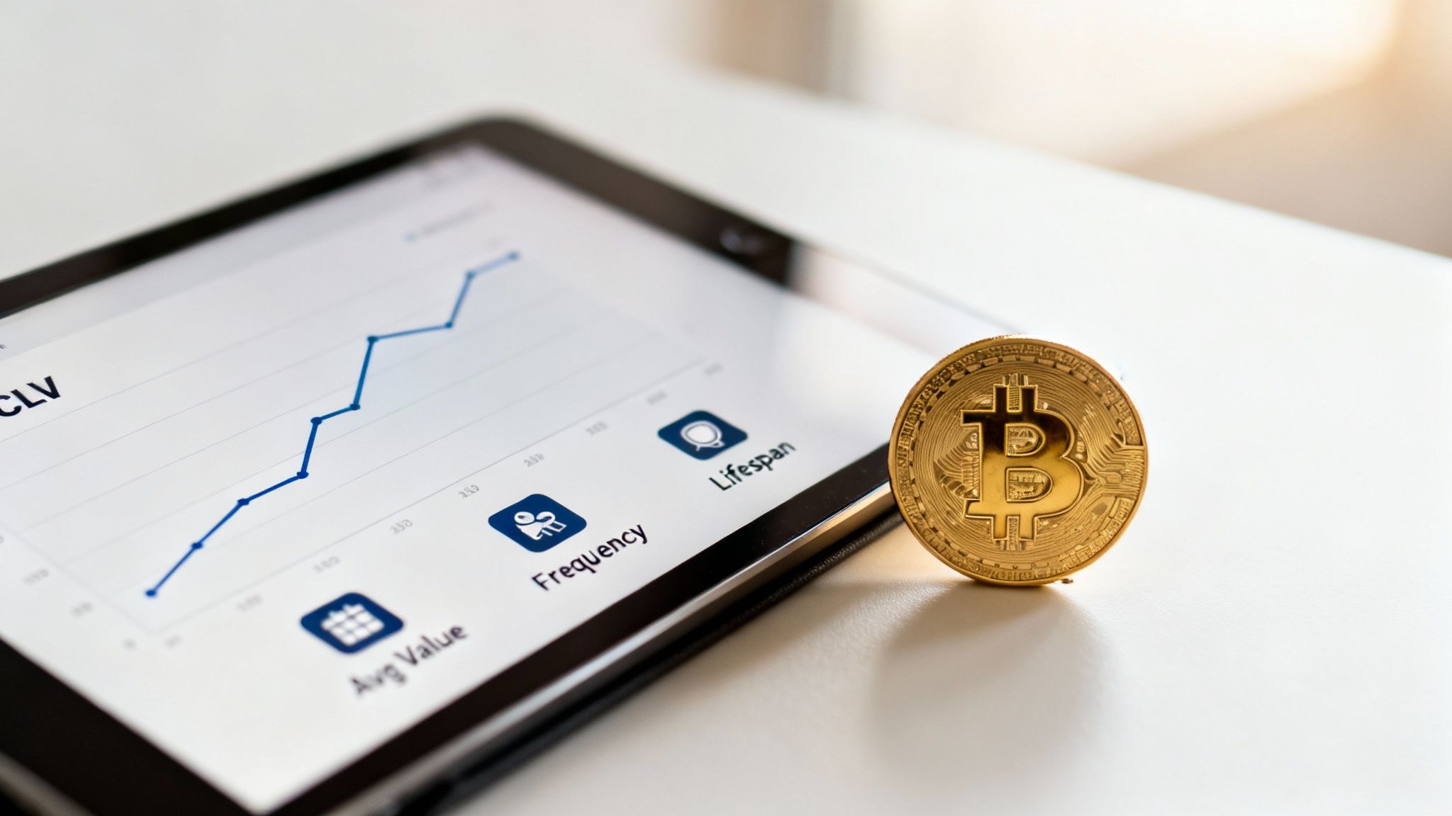 A gold Bitcoin coin stands beside a tablet displaying a CLV growth chart and customer metrics.