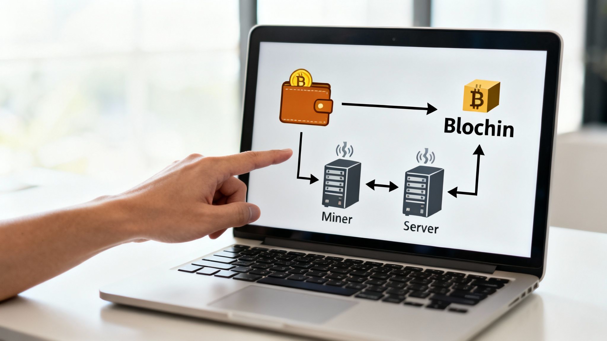 A digital illustration showing the interconnected nodes of a blockchain network
