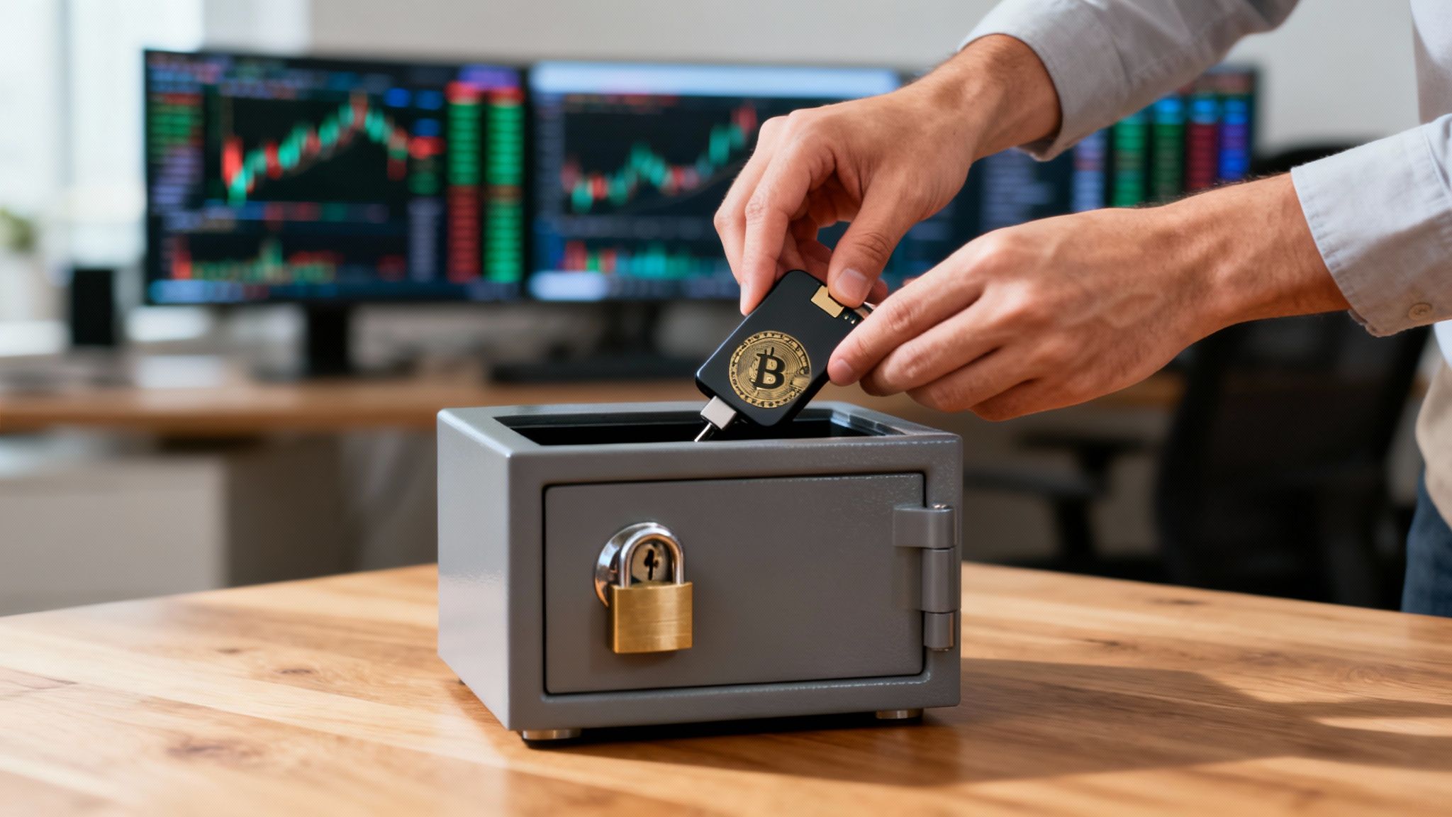 Person placing a Bitcoin hardware wallet into an open safe with a padlock, cryptocurrency charts in the background.