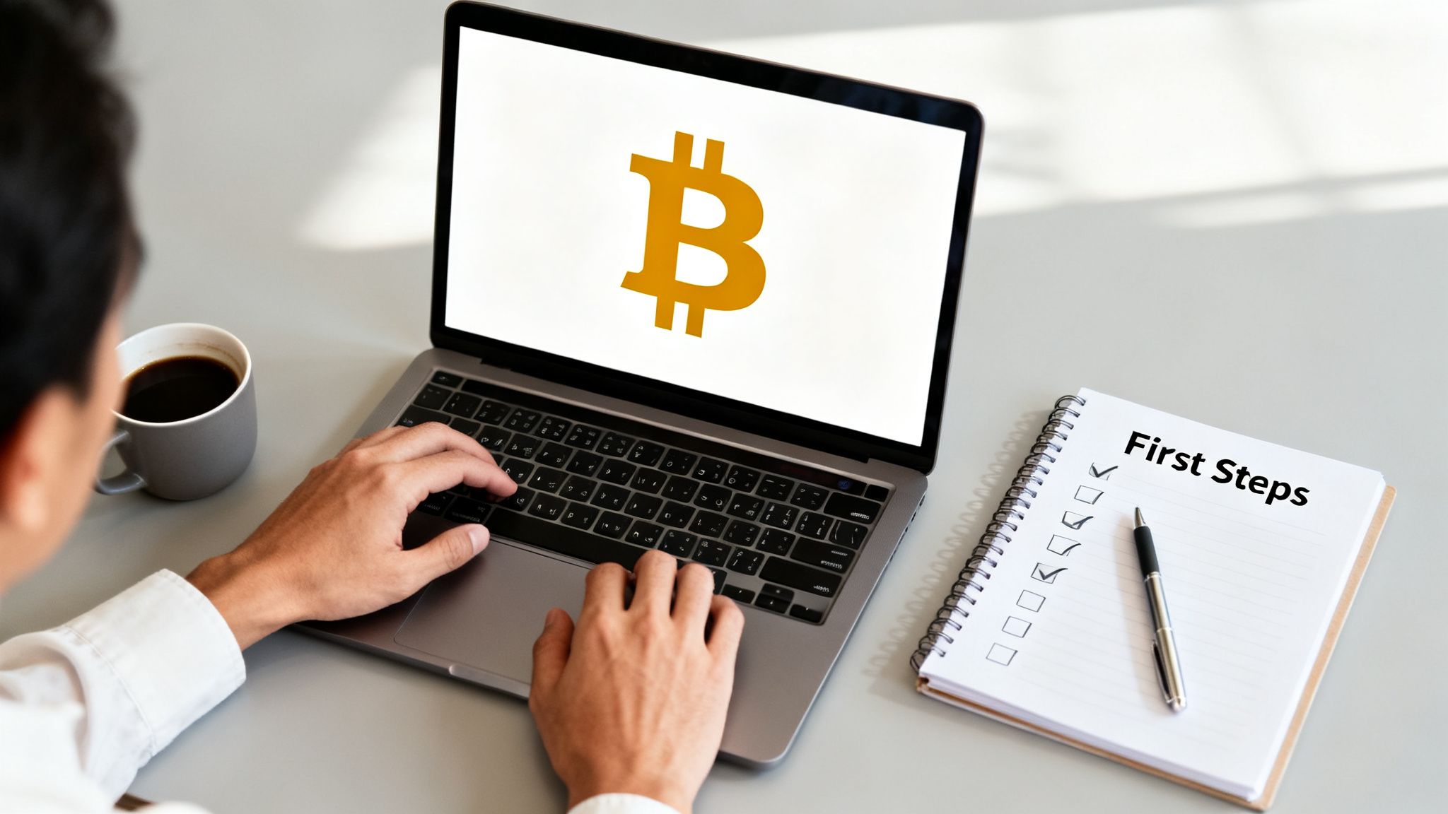 A person types on a laptop displaying a Bitcoin symbol, next to a 'First Steps' checklist and coffee.