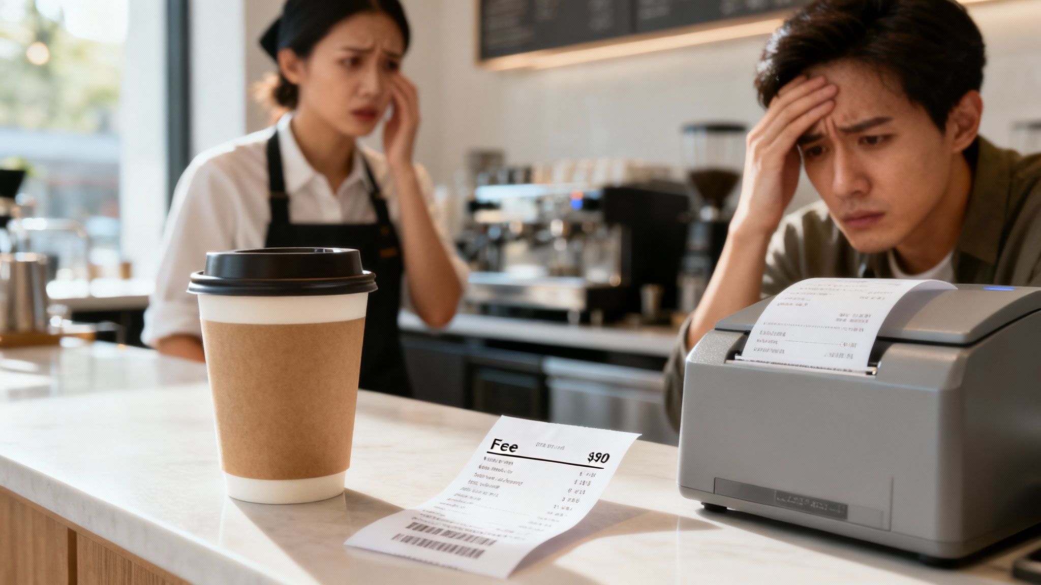 Man and barista shocked by a high $90 fee on a coffee shop receipt, highlighting unexpected costs.