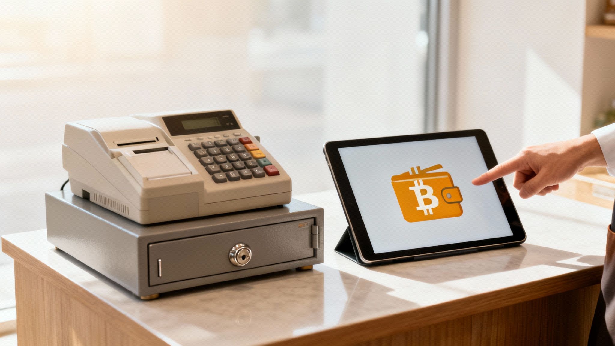 A hand taps a tablet displaying a Bitcoin wallet icon, next to a traditional cash register at a store counter.