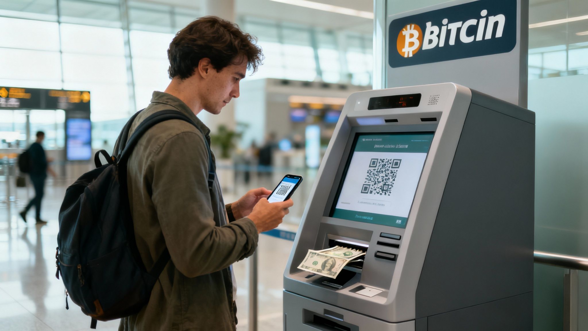 A person using a Bitcoin ATM with a sleek, modern design in an urban setting.