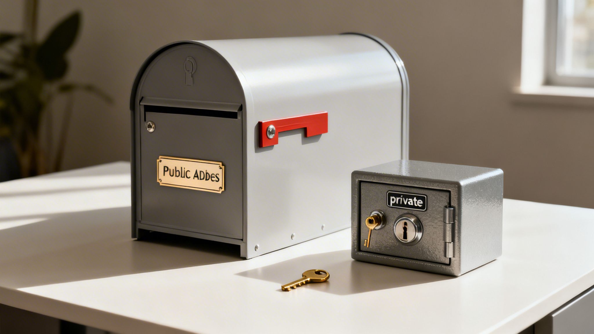 A public mailbox and a private safe with a key, symbolizing public and private addresses or keys.