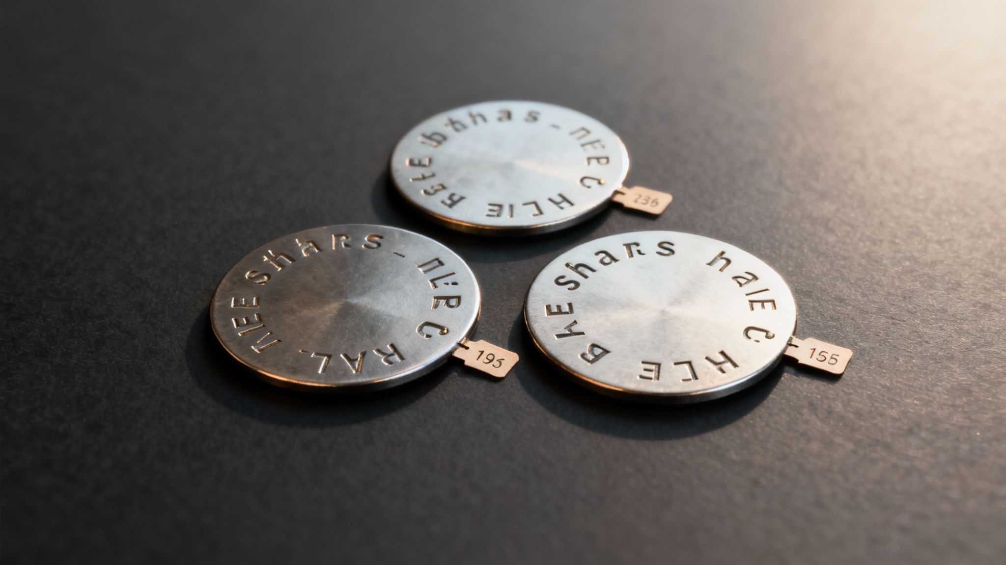 Three silver metal tokens displaying parts of a cryptographic seed phrase with numbered tags.