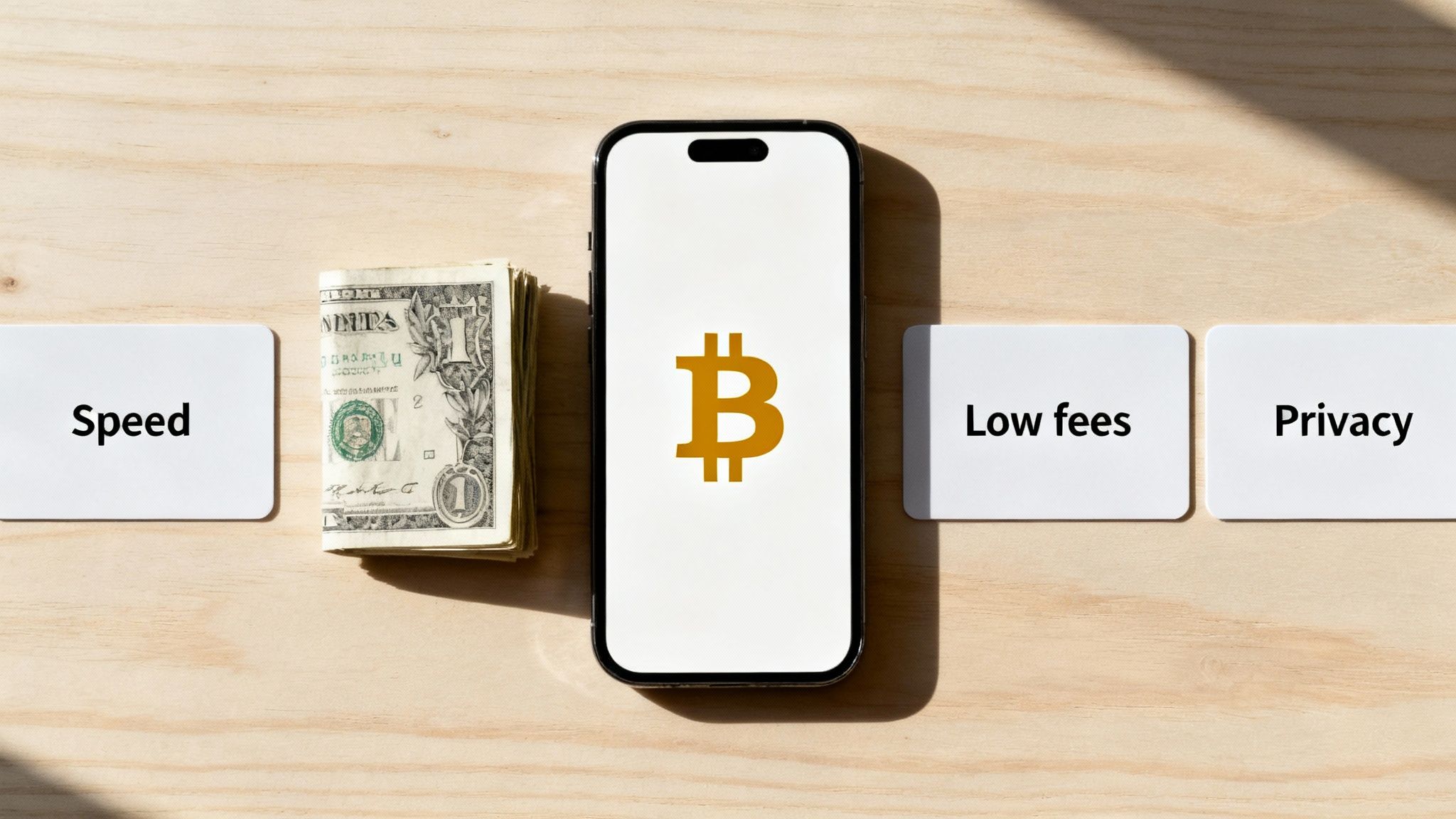 Smartphone showing Bitcoin symbol, dollar bills, and cards with benefits like speed, low fees, privacy.