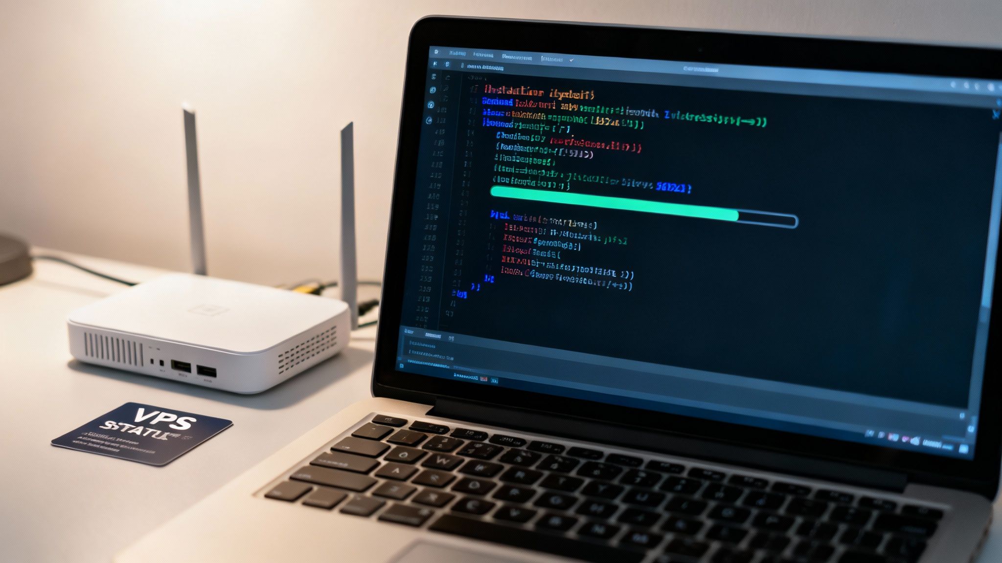 A laptop screen displays lines of code and a green progress bar next to a white Wi-Fi router.