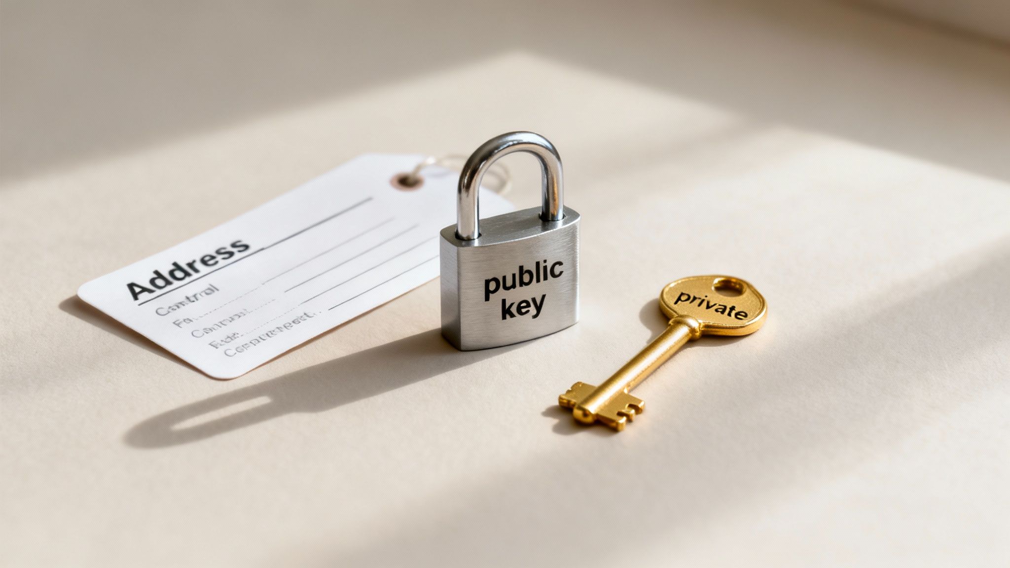 A padlock labeled 'public key', a golden key labeled 'private', and an 'Address' tag, symbolizing cryptocurrency security.