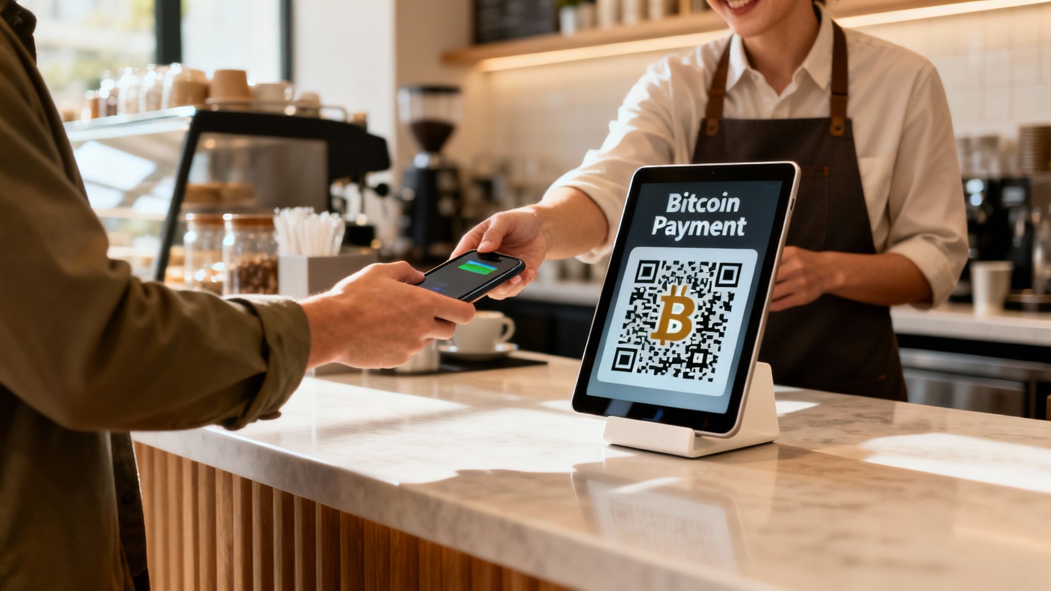 A customer uses a smartphone for a Bitcoin payment at a cafe, interacting with a tablet showing a QR code.