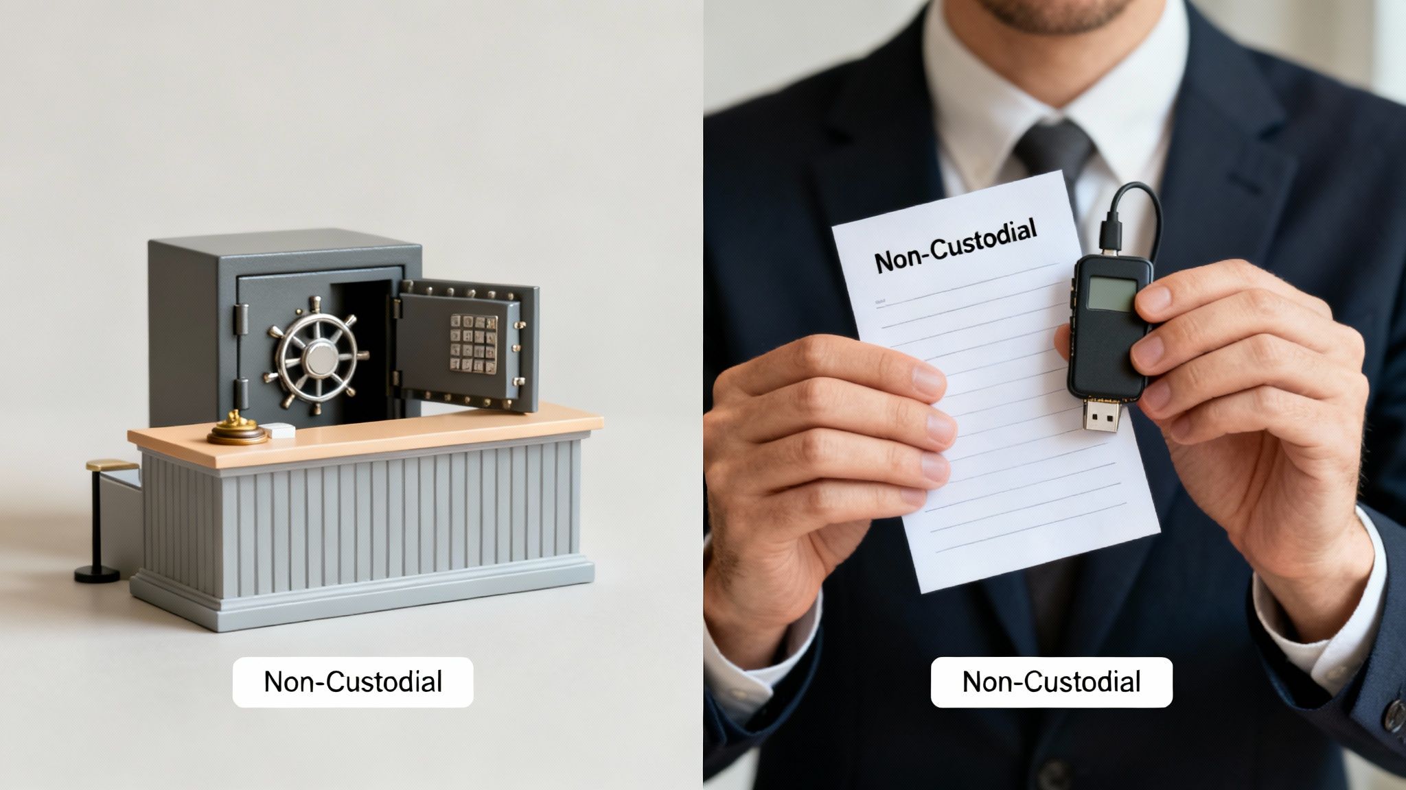 Two images illustrating non-custodial concepts: a miniature safe and a person holding a hardware crypto wallet.