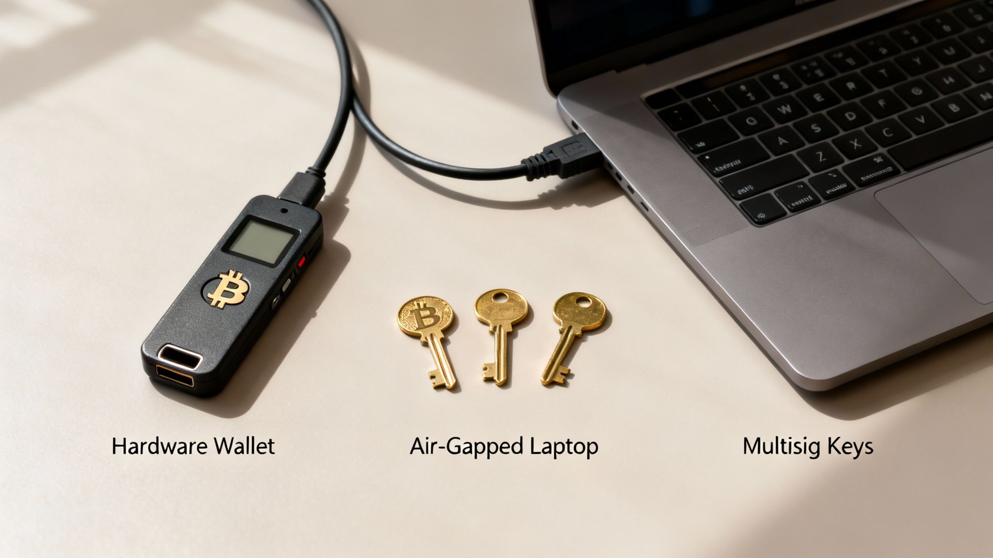 Bitcoin hardware wallet connected to a laptop, with three golden multisig keys on a light table.