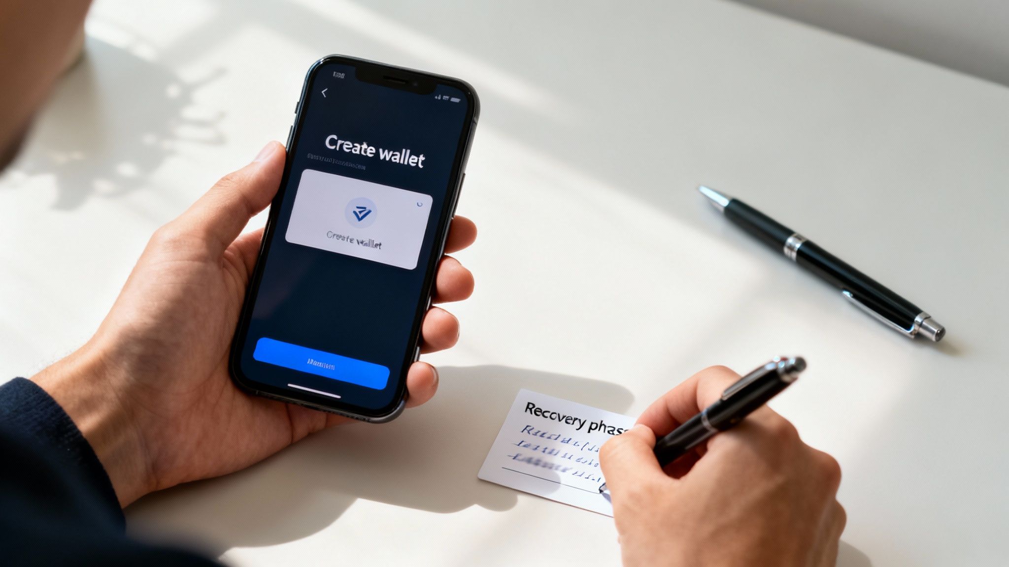 Person creating a crypto wallet on a smartphone, simultaneously writing down recovery phrase words.
