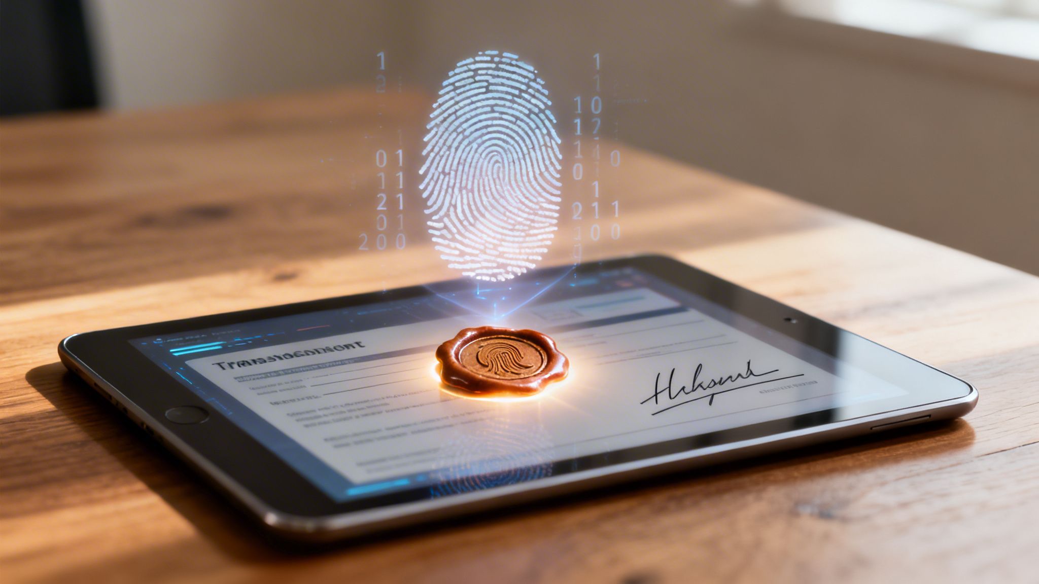 Digital authentication with a glowing fingerprint hologram and a wax seal on a tablet screen.