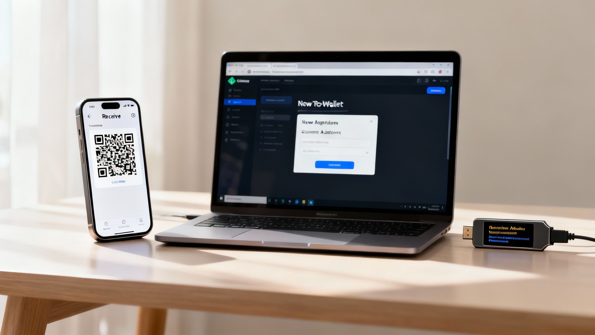 A smartphone displaying a crypto receive QR code, a laptop with a wallet app, and a hardware wallet device.