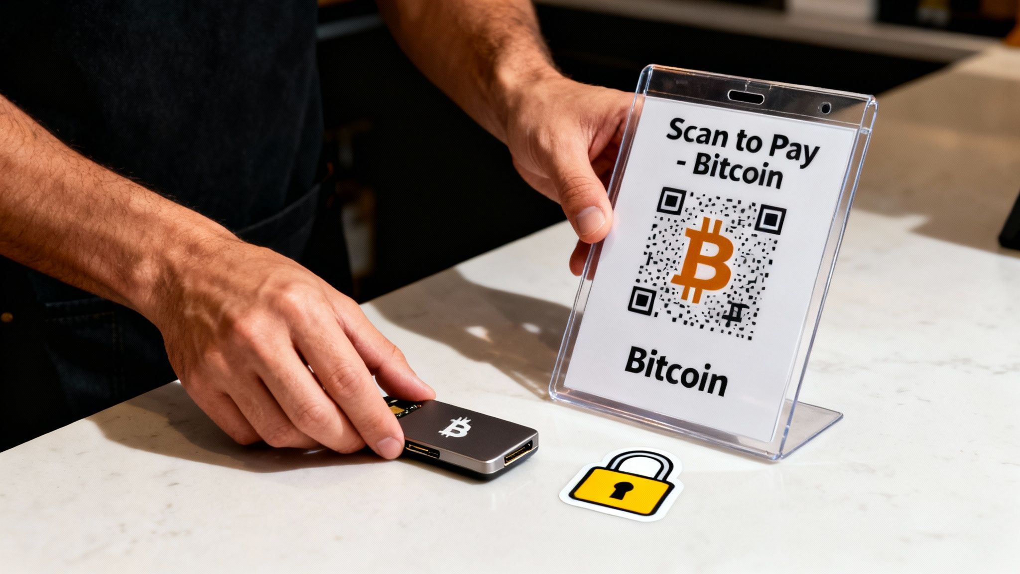 A person holds a 'Scan to Pay - Bitcoin' QR code sign, with a crypto hardware wallet nearby.
