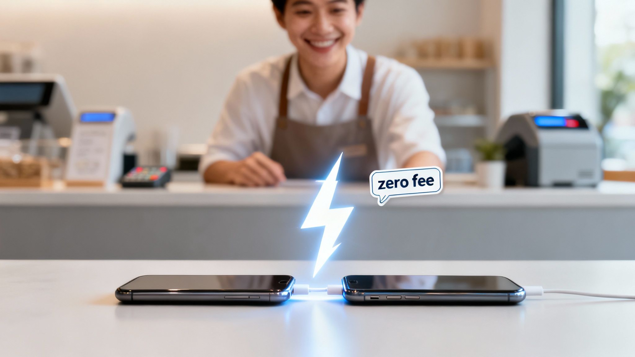 Two smartphones connected by a charging cable, showing a glowing lightning bolt and a 'zero fee' icon. A smiling cashier is blurred in the background.