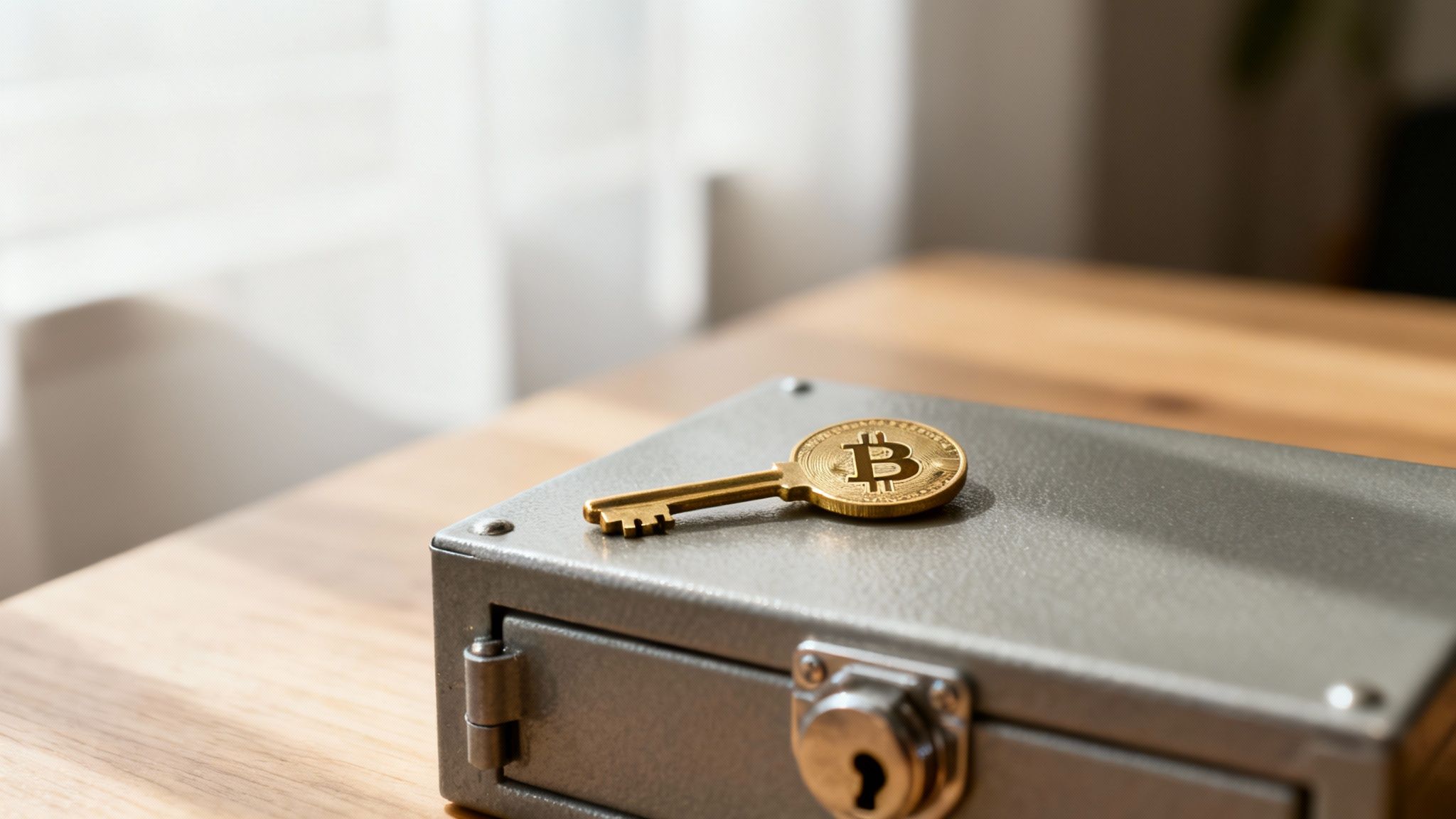 Bitcoin key placed on secure metal storage box representing cryptocurrency private key protection