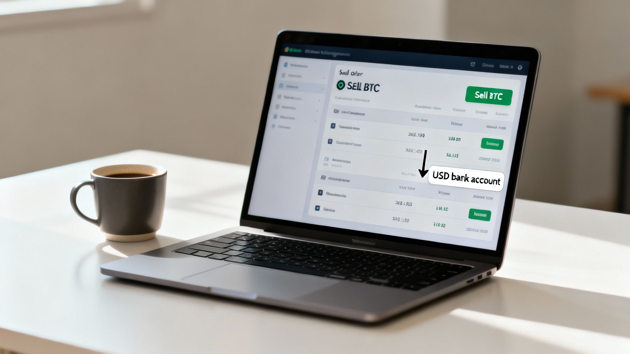 A laptop on a desk showing a cryptocurrency exchange interface to sell BTC for USD, with a coffee mug.