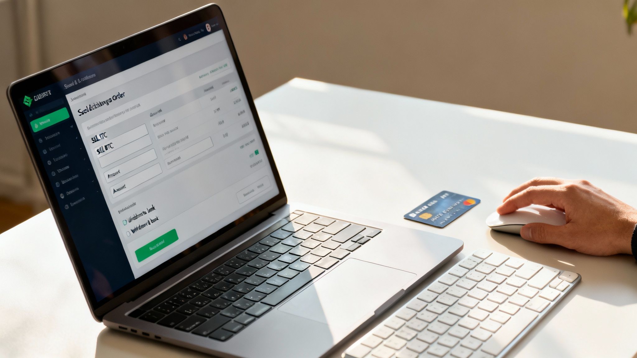 A person uses a laptop displaying a cryptocurrency exchange interface to sell Litecoin, with a credit card nearby.