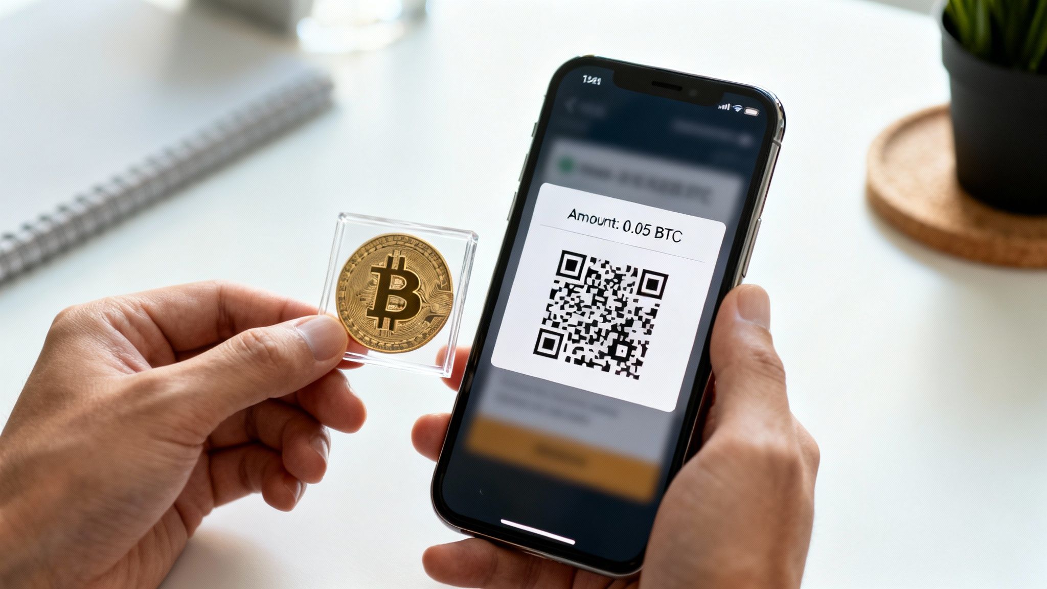 A person holds a physical Bitcoin coin and a smartphone displaying a cryptocurrency transfer QR code.