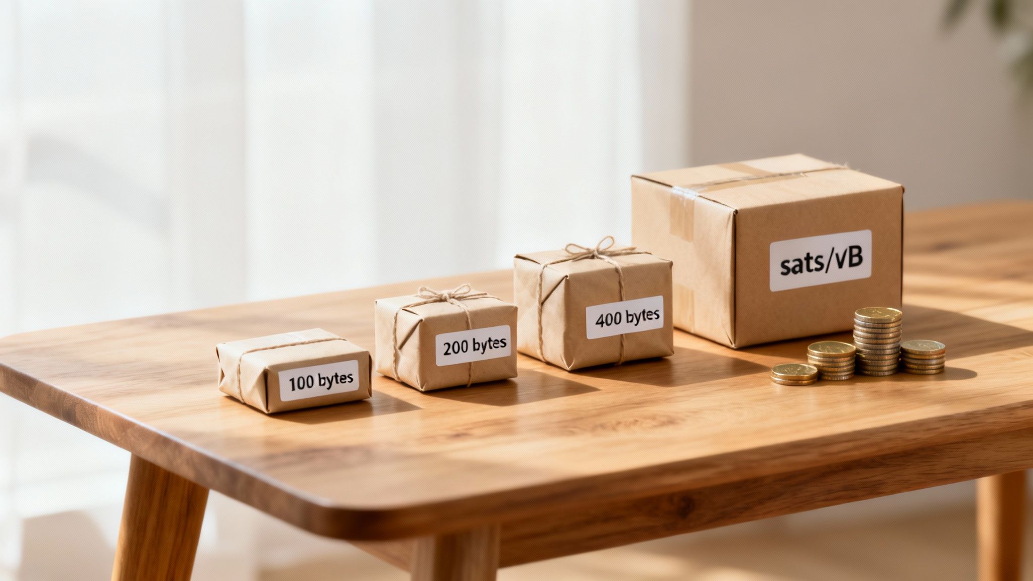 Boxes representing data sizes in bytes and a 'sats/VB' box with coin stacks on a wooden table.