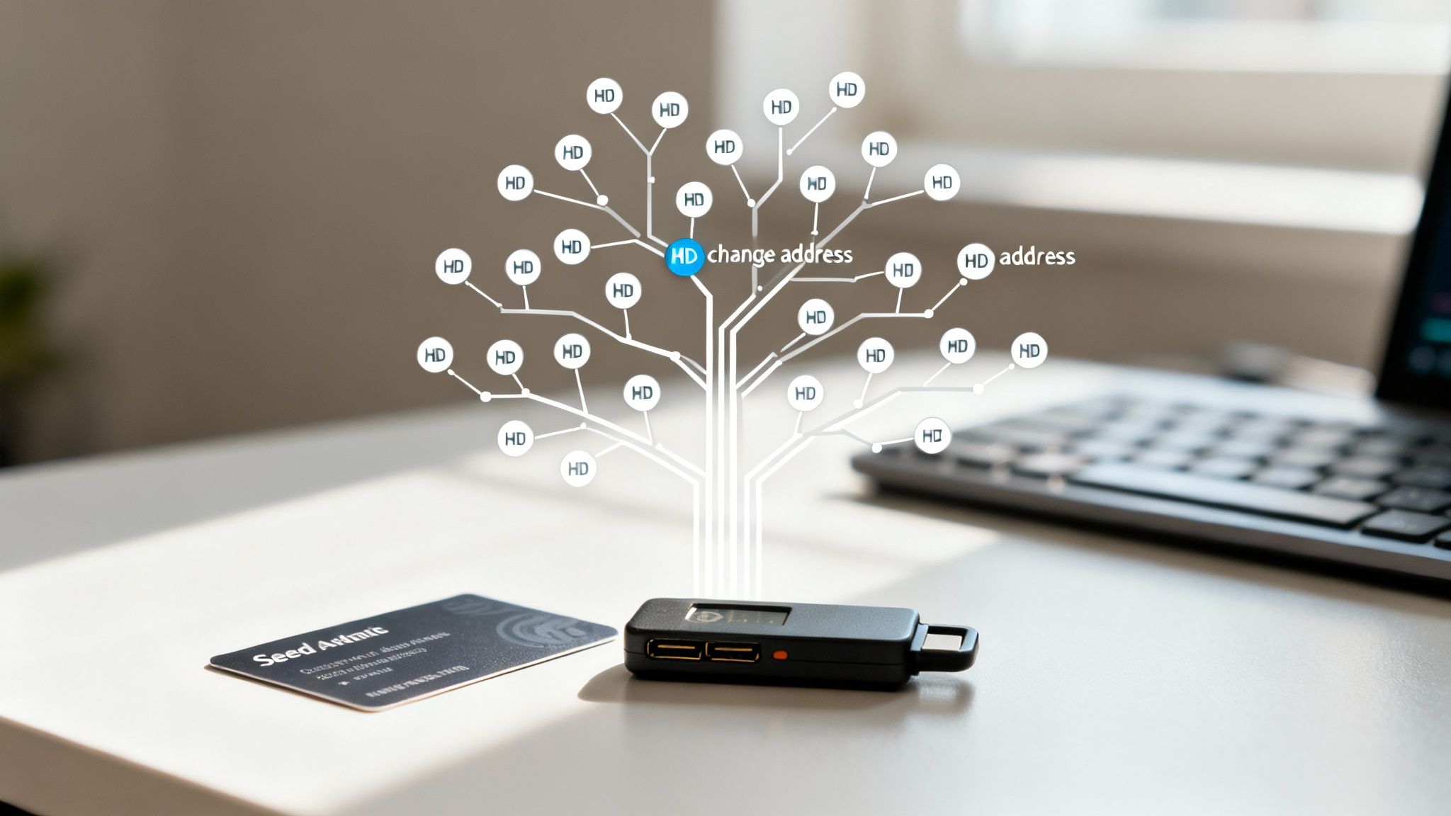 A hardware wallet, seed card, and a digital tree representing hierarchical deterministic (HD) crypto addresses.