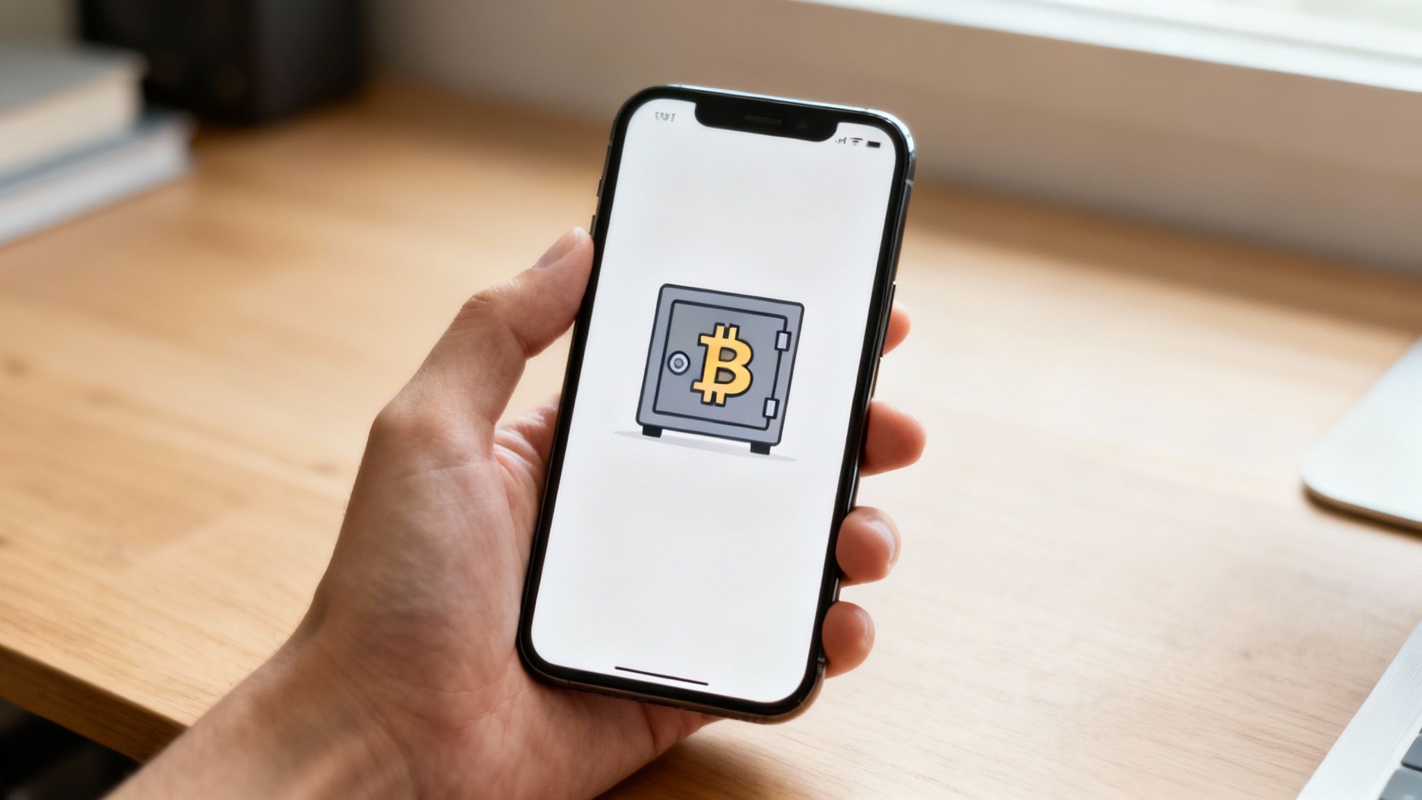 A hand holding a smartphone displaying a grey safe with a gold Bitcoin logo on a white screen.