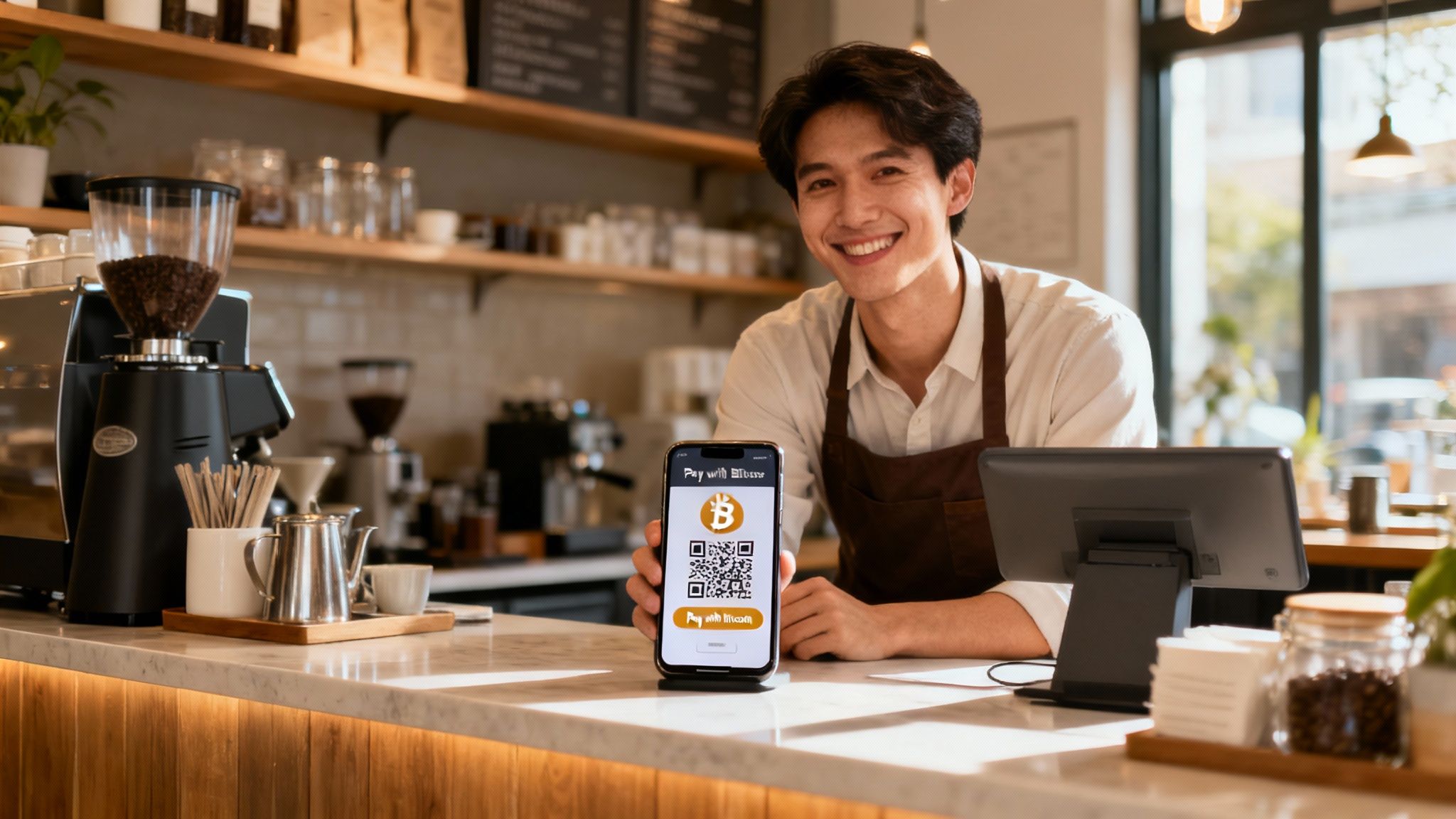 A smiling barista holds a smartphone displaying a Bitcoin payment QR code in a coffee shop.