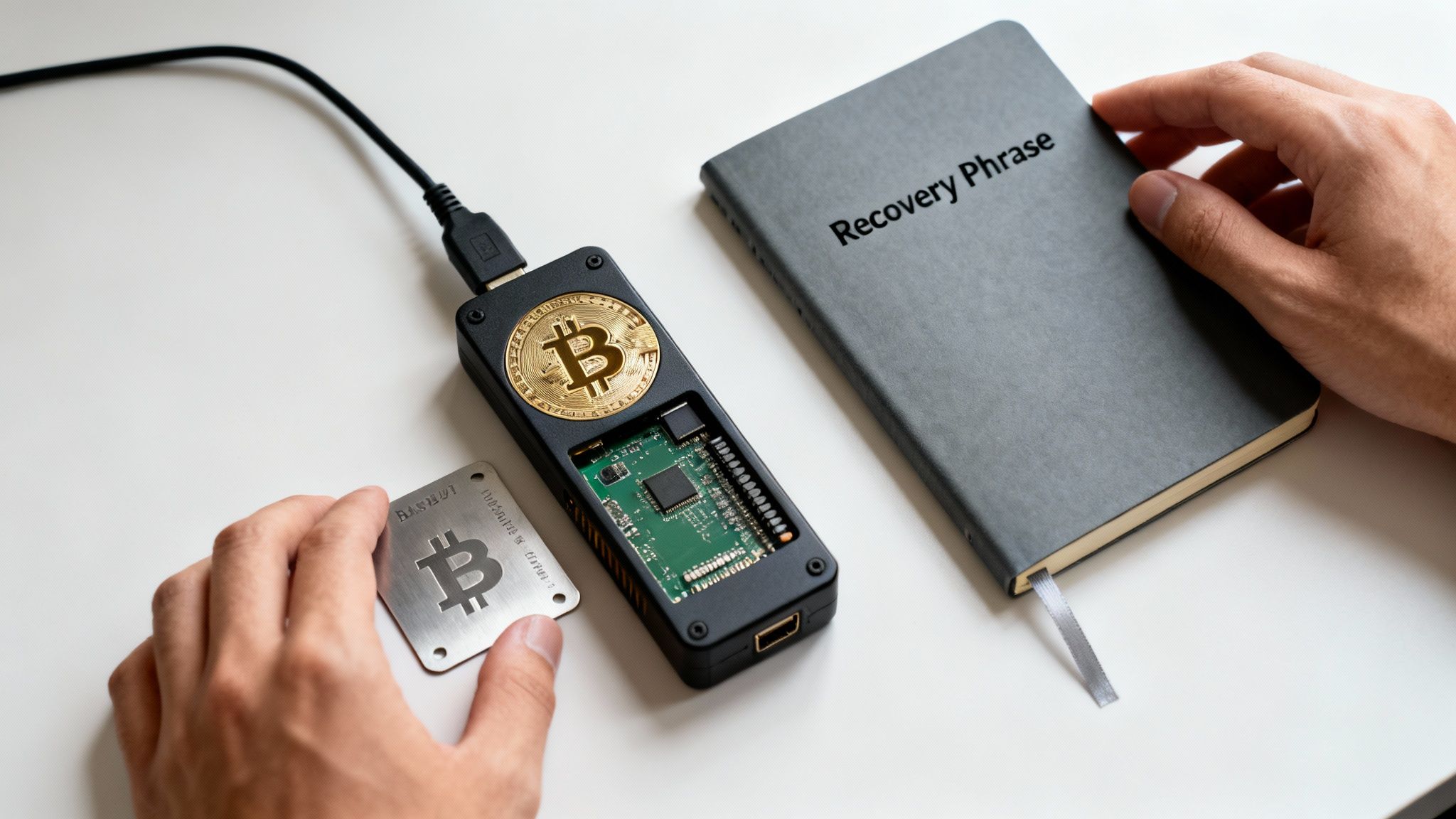 Hands interact with a crypto hardware wallet, Bitcoin coin, metal plate, and 'Recovery Phrase' notebook.