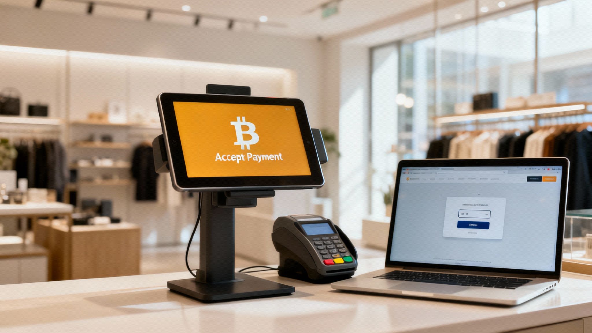 A store counter with a tablet displaying 'Bitcoin Accept Payment', a card machine, and a laptop, ready for cryptocurrency transactions.