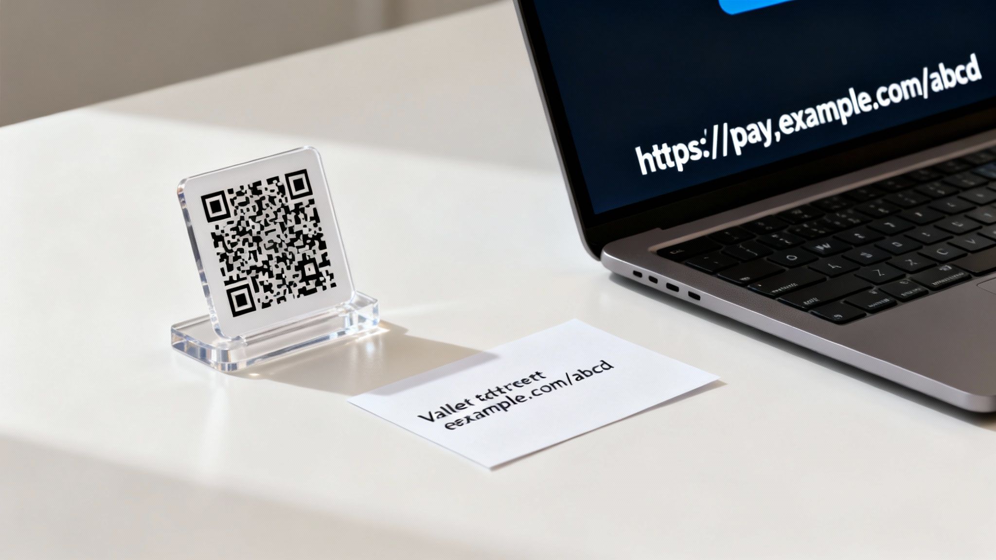 A desk setup with a QR code, a laptop showing a payment URL, and a wallet address on paper.