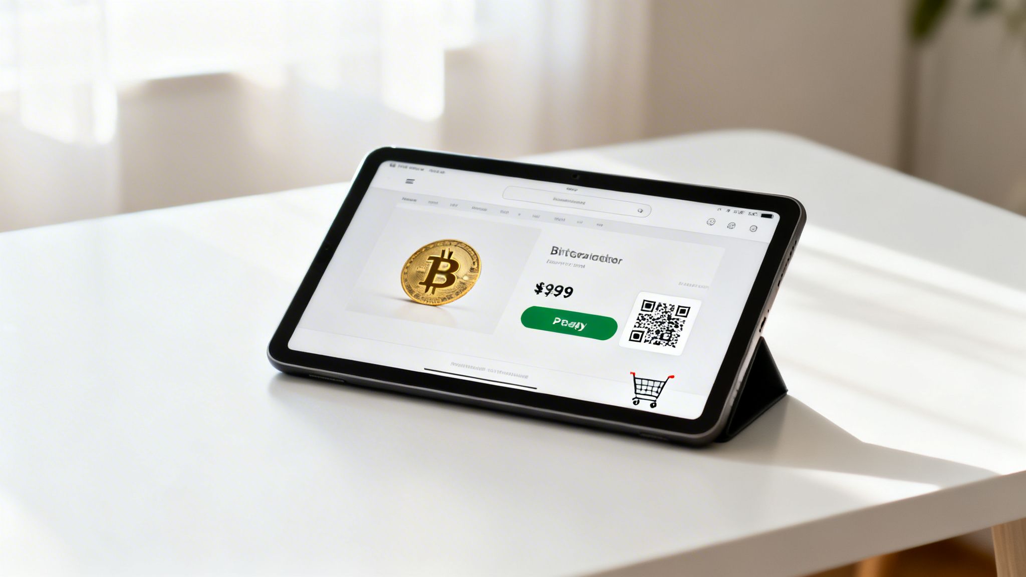 Close-up of a tablet showing a Bitcoin cryptocurrency purchase page with a $999 price.