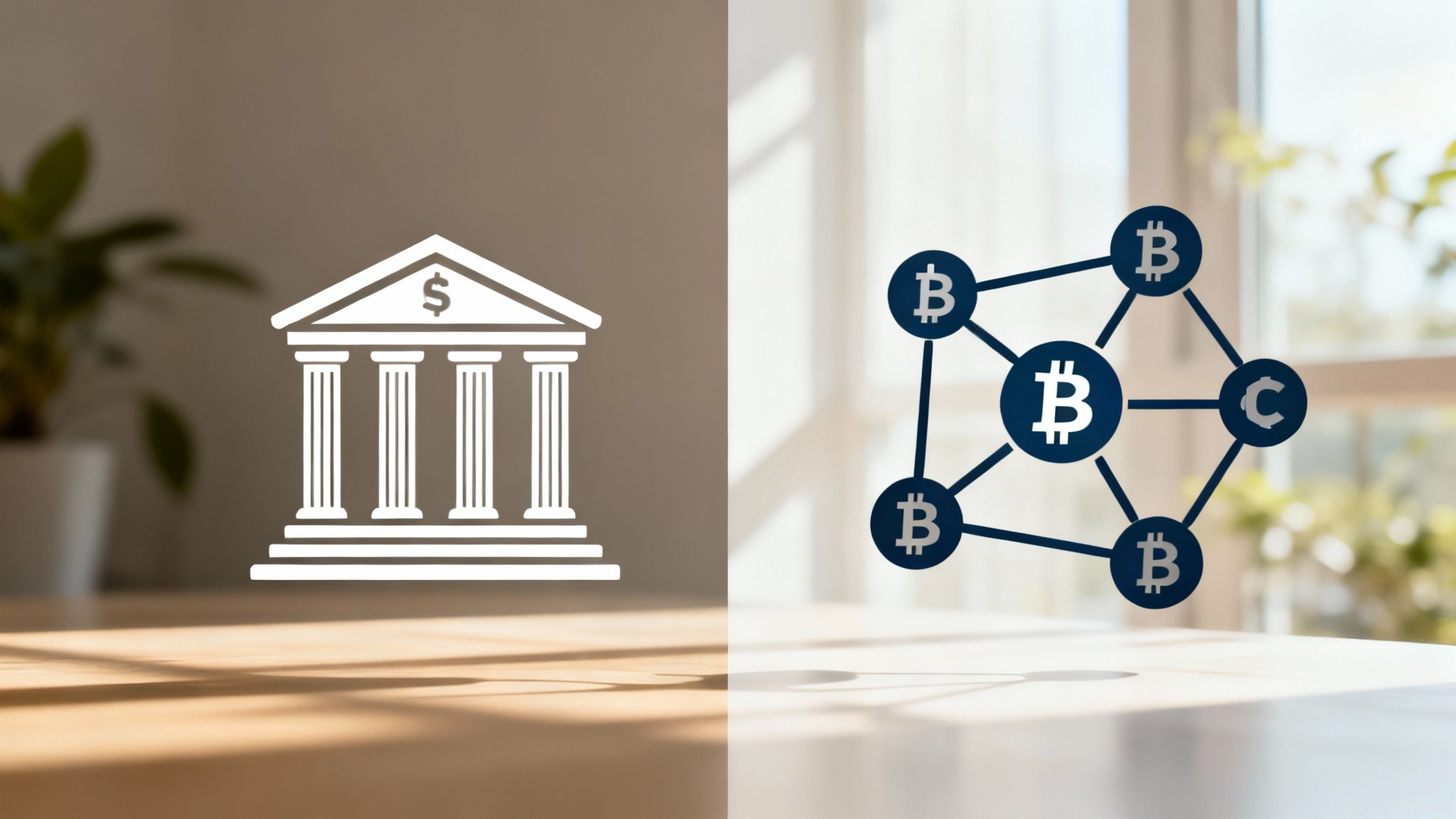 A split image showing a centralized network on one side and a decentralized network on the other