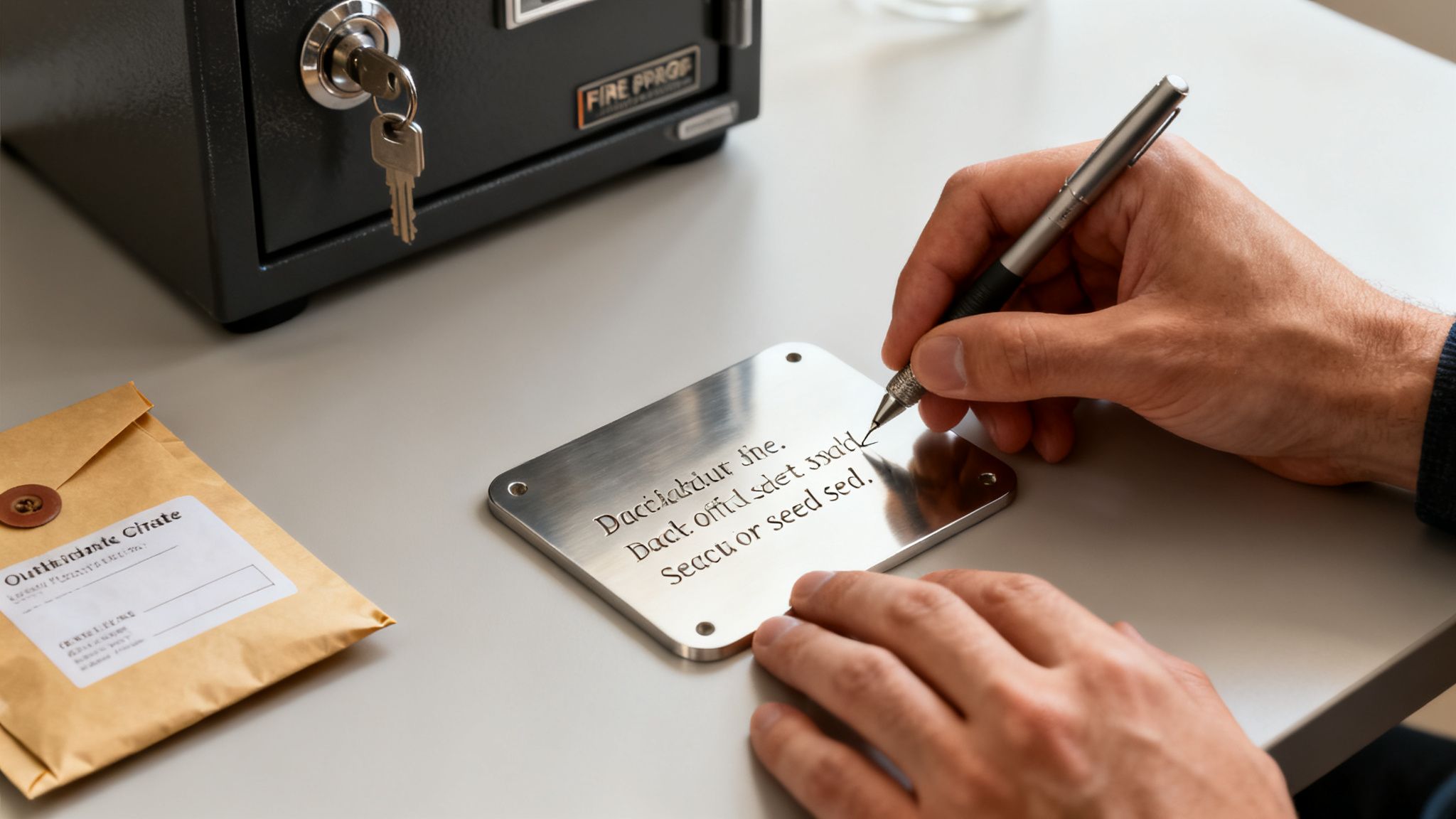 A person engraves a cryptocurrency seed phrase onto a metal plate next to a fireproof safe.