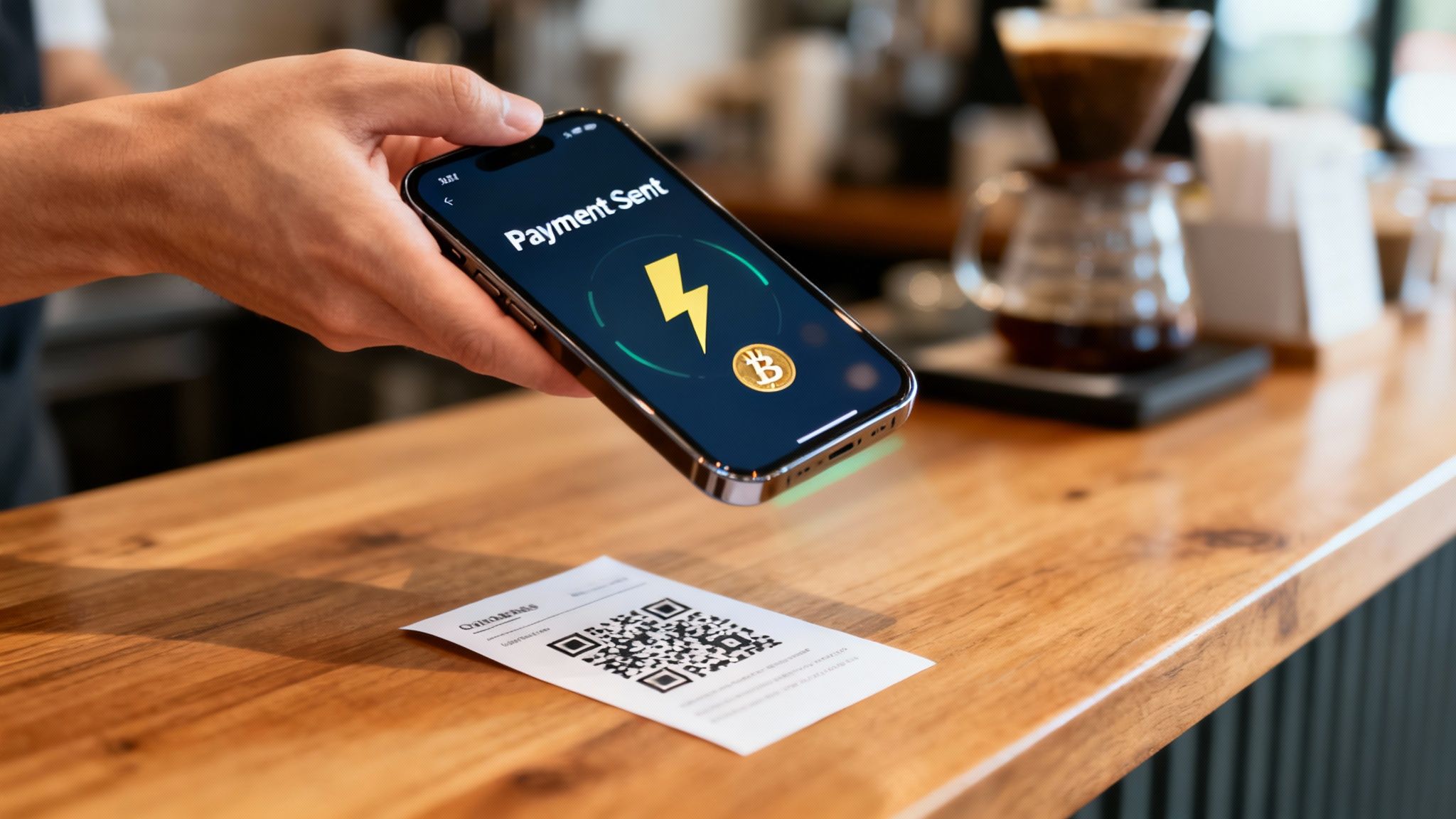 Hand holding smartphone showing successful Bitcoin Lightning Network payment over a QR code at a coffee shop.
