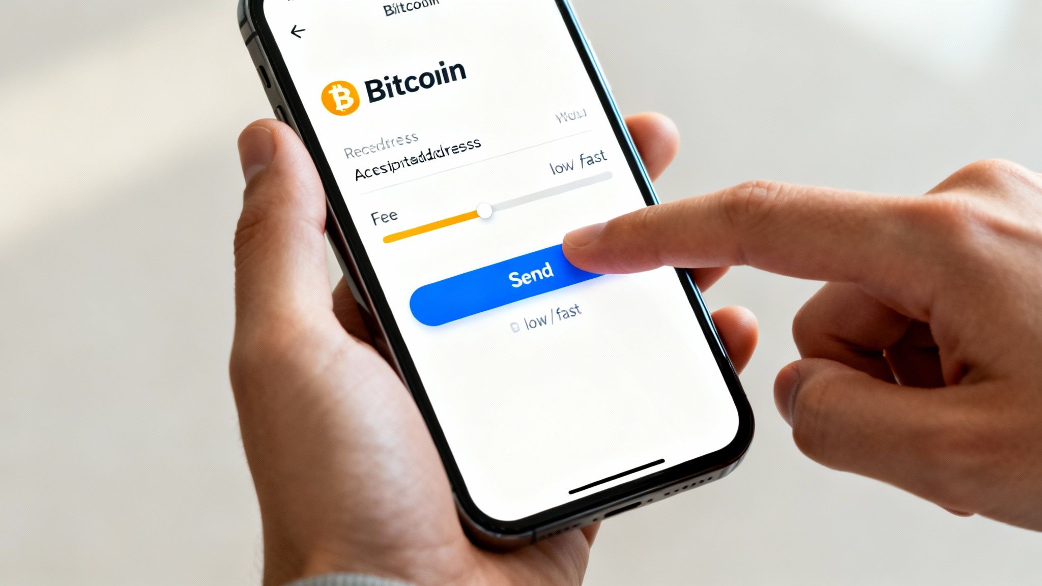 A person sending a Bitcoin payment from their mobile wallet.