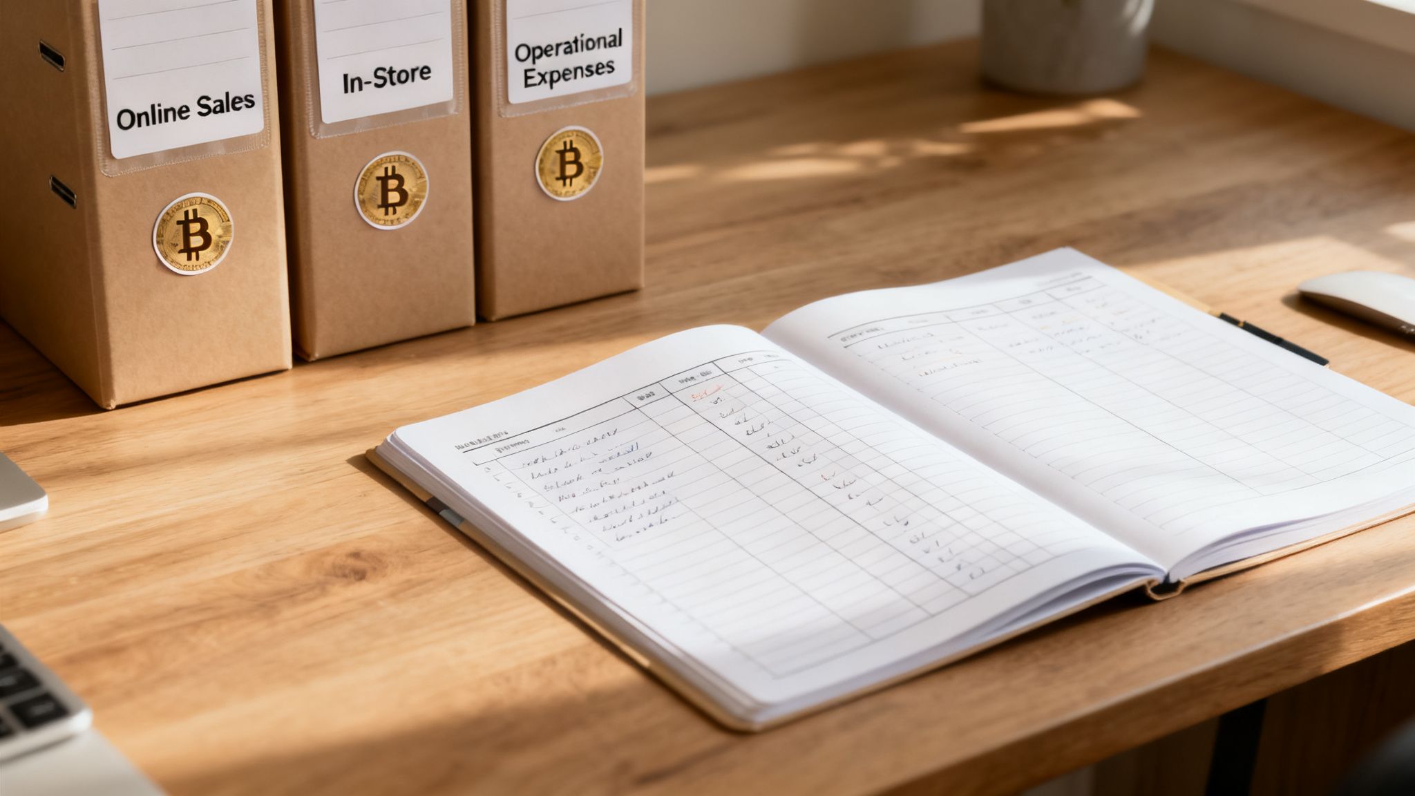 A wooden desk with three business binders, each featuring a Bitcoin logo, next to an open financial ledger.