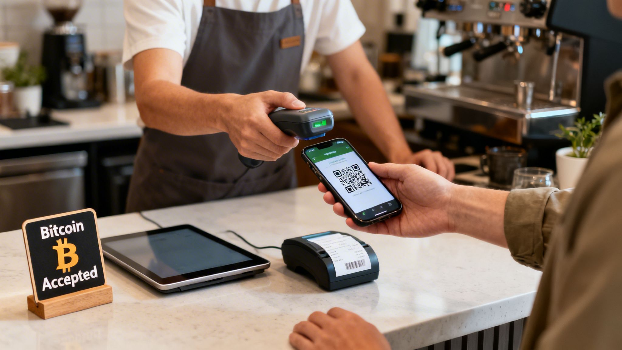 Customer making a cryptocurrency payment with a QR code at a coffee shop where Bitcoin is accepted.