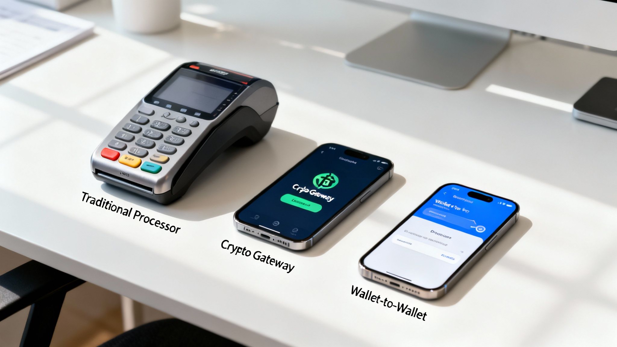 Comparison of payment methods: traditional POS, crypto gateway, and wallet-to-wallet on a white desk.
